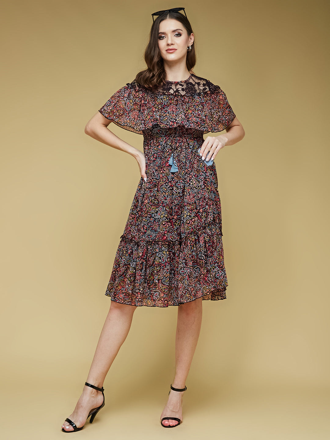 Women's Multicolored-Base-Black Round Neck Sleeveless Polyester Ruffled Knee- Length Dress