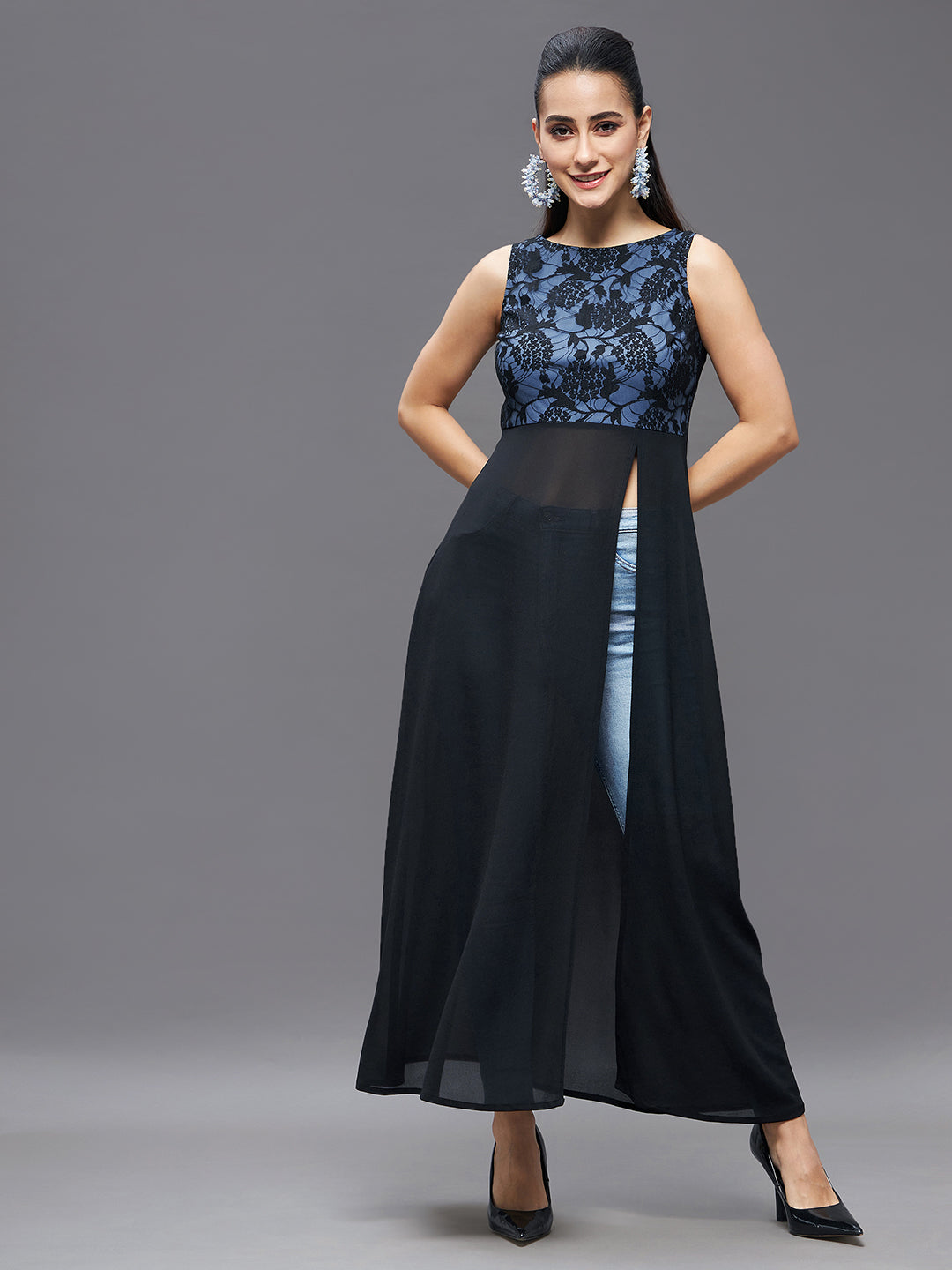 Women'S Black Boat Neck Sleeveless Self Design Lace Overlaid Polyester Maxi Top