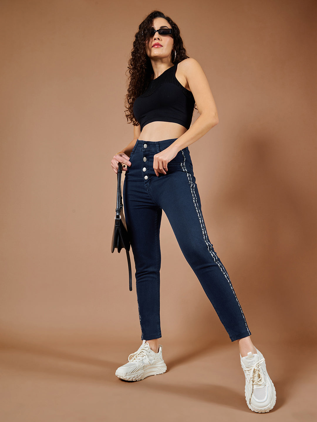 Women's Navy-Blue Skinny High-Rise Cropped Denim Jeans