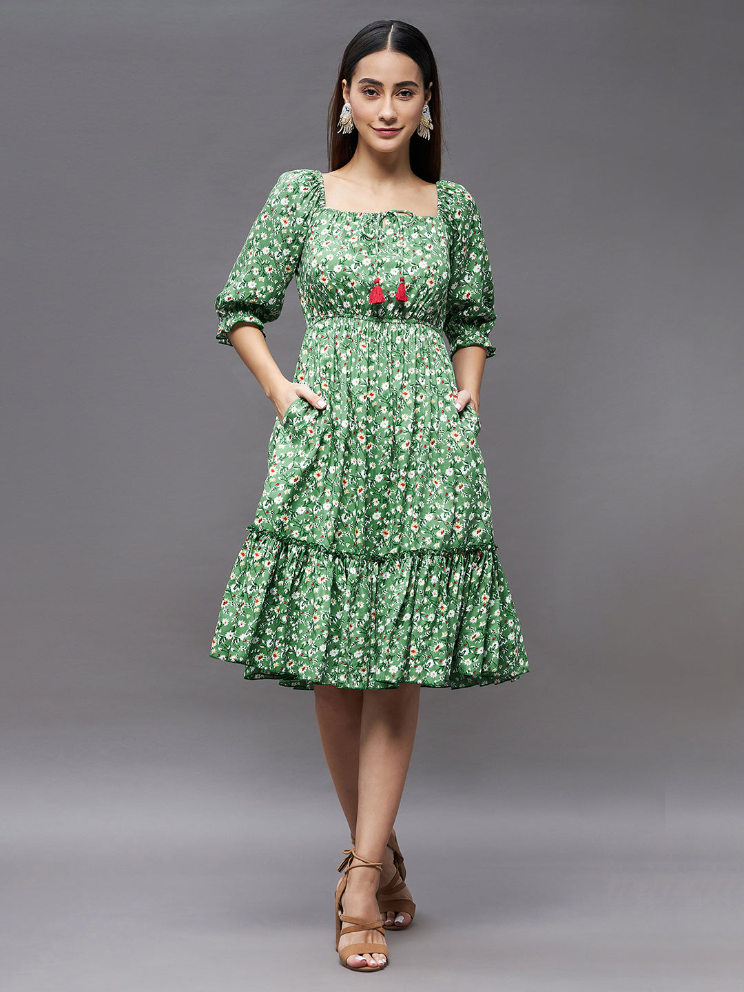 Women's Green Floral Square Neck 3/4 Sleeve Viscose Rayon Ruffled Knee Length Dress