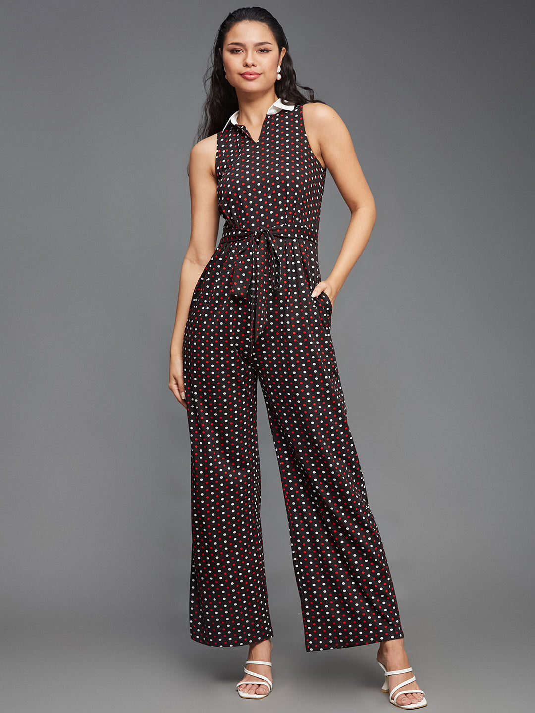 Women's Multicolored-Base-Black Shirt Collar Sleeveless Polka Dot Waist Tie-Up Pure Cotton Regular-Length Jumpsuit
