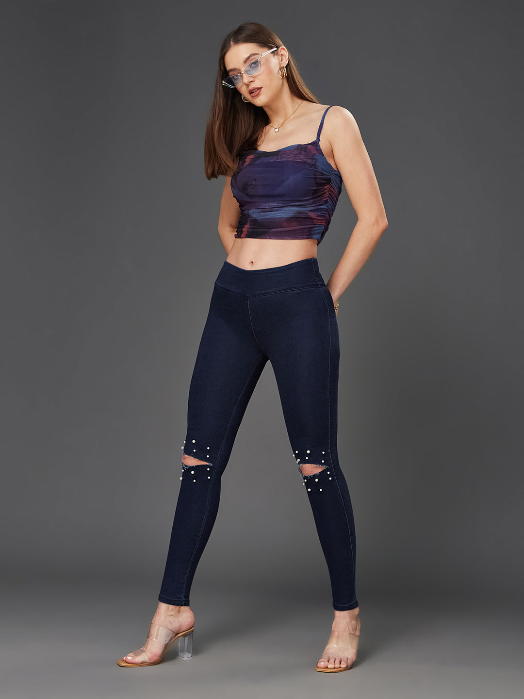 Women's Navy-Blue Super Skinny High-Rise Clean-Look Regular Length Knee-Slit Embellished Stretchable Denim Jeggings