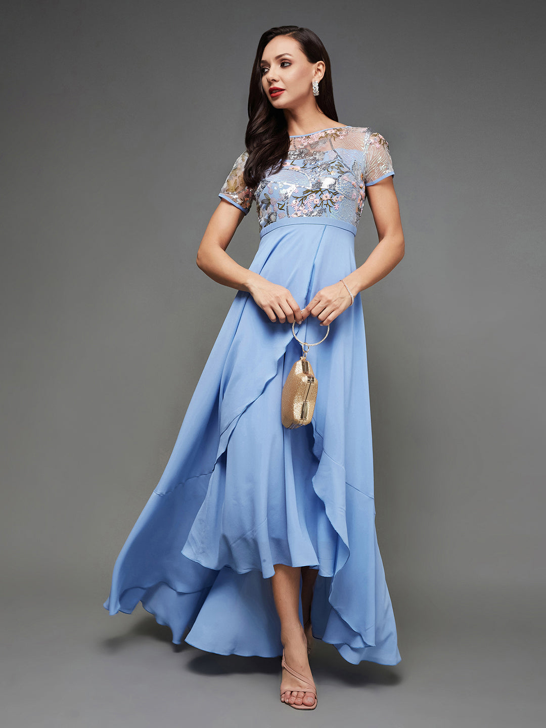 Women's Multicolored-Base-Sky Blue Round Neck Short Sleeve Floral Layered Georgette Midi Dress