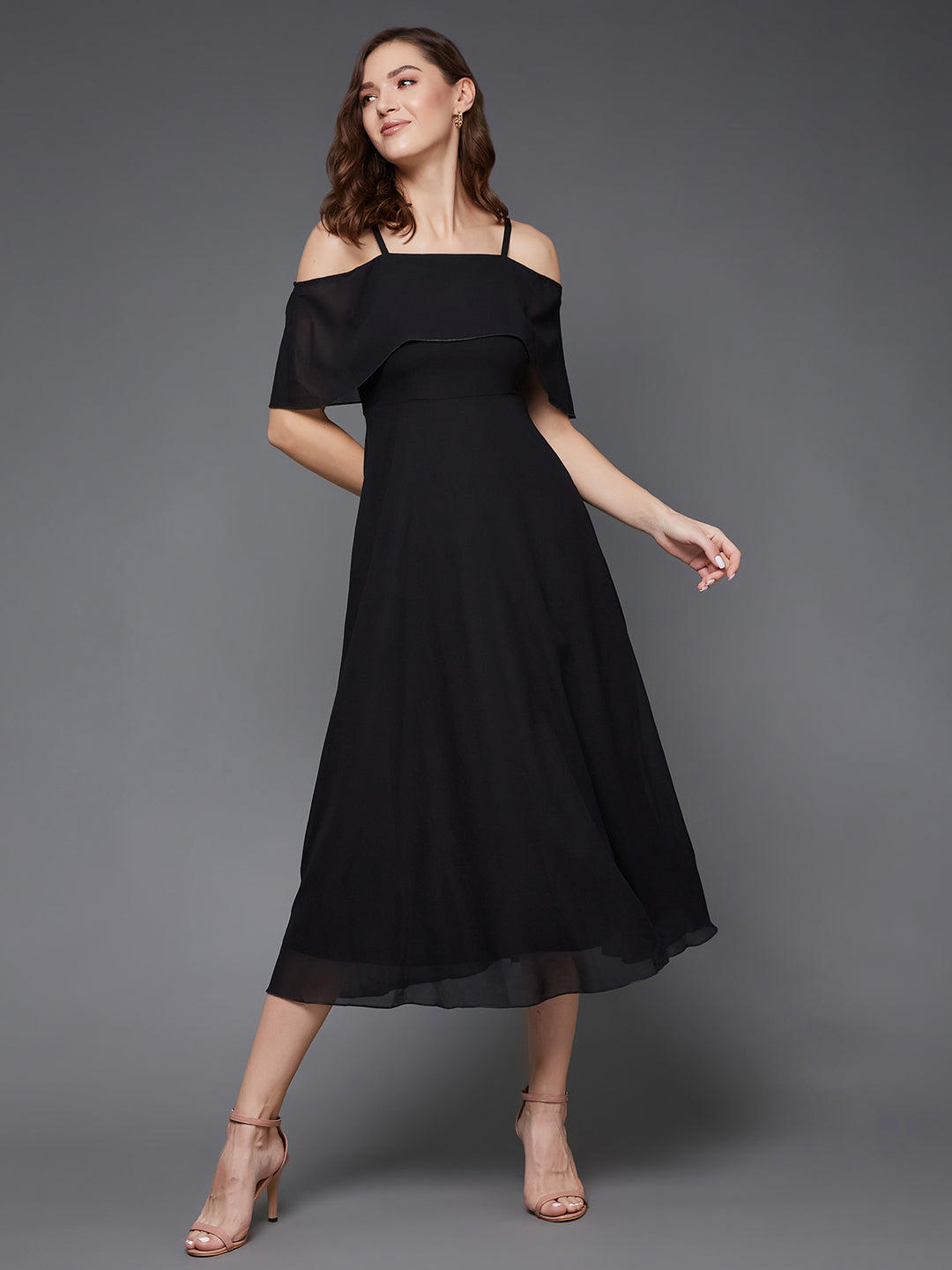 Black Bardot Style Sleeveless Spaghetti Strap Solid Off Shoulder Midi Skater Dress for Women