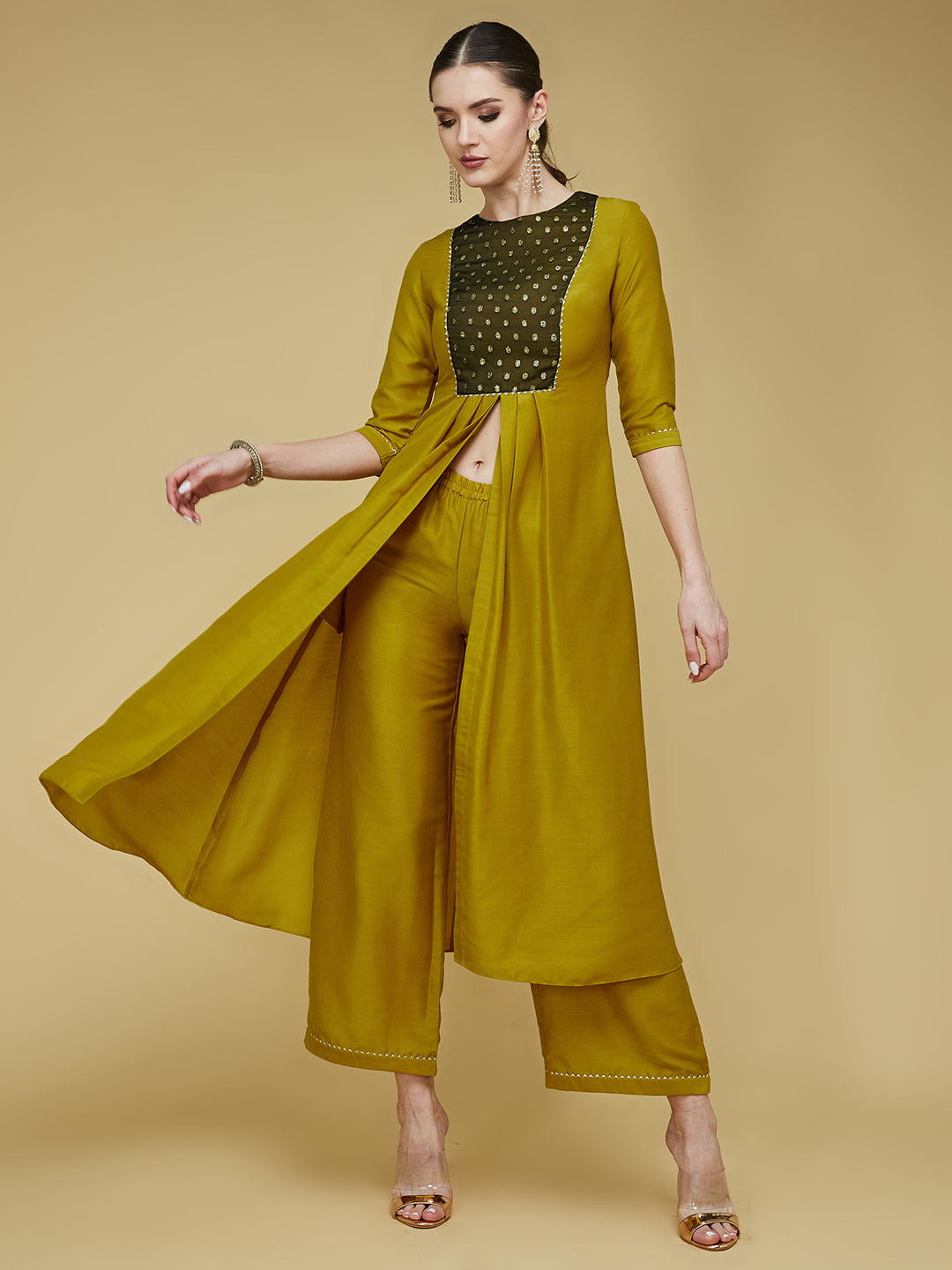 Women's Mustard Round Neck 3/4 Sleeve Self-Designed Pleated Regular-Length Polyester Kurta Set