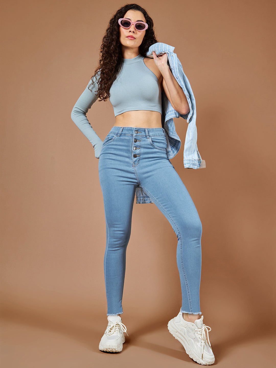 CHASEstretch™ Blue Skinny Solid High-Rise Cropped Fringed Hemline Denim Jeans