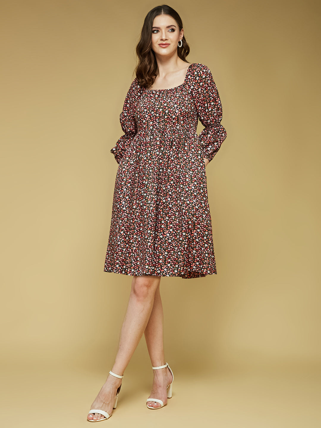 Women's Multicolored-Base-Black Square Bishop Sleeve Viscose Rayon Floral Gathered Above Knee Dress