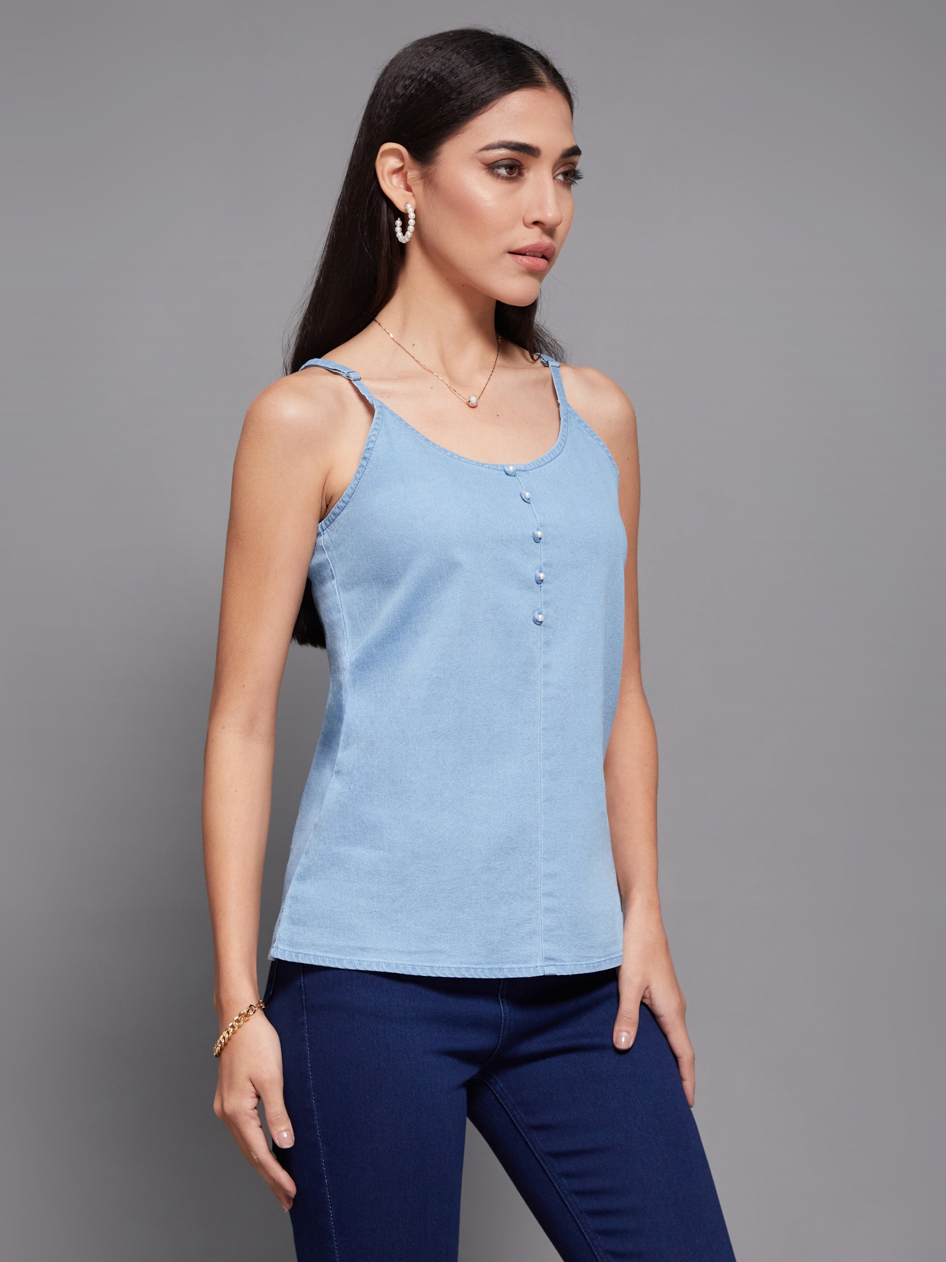 Women's Light Blue Straight Clean-Look Regular Denim Top