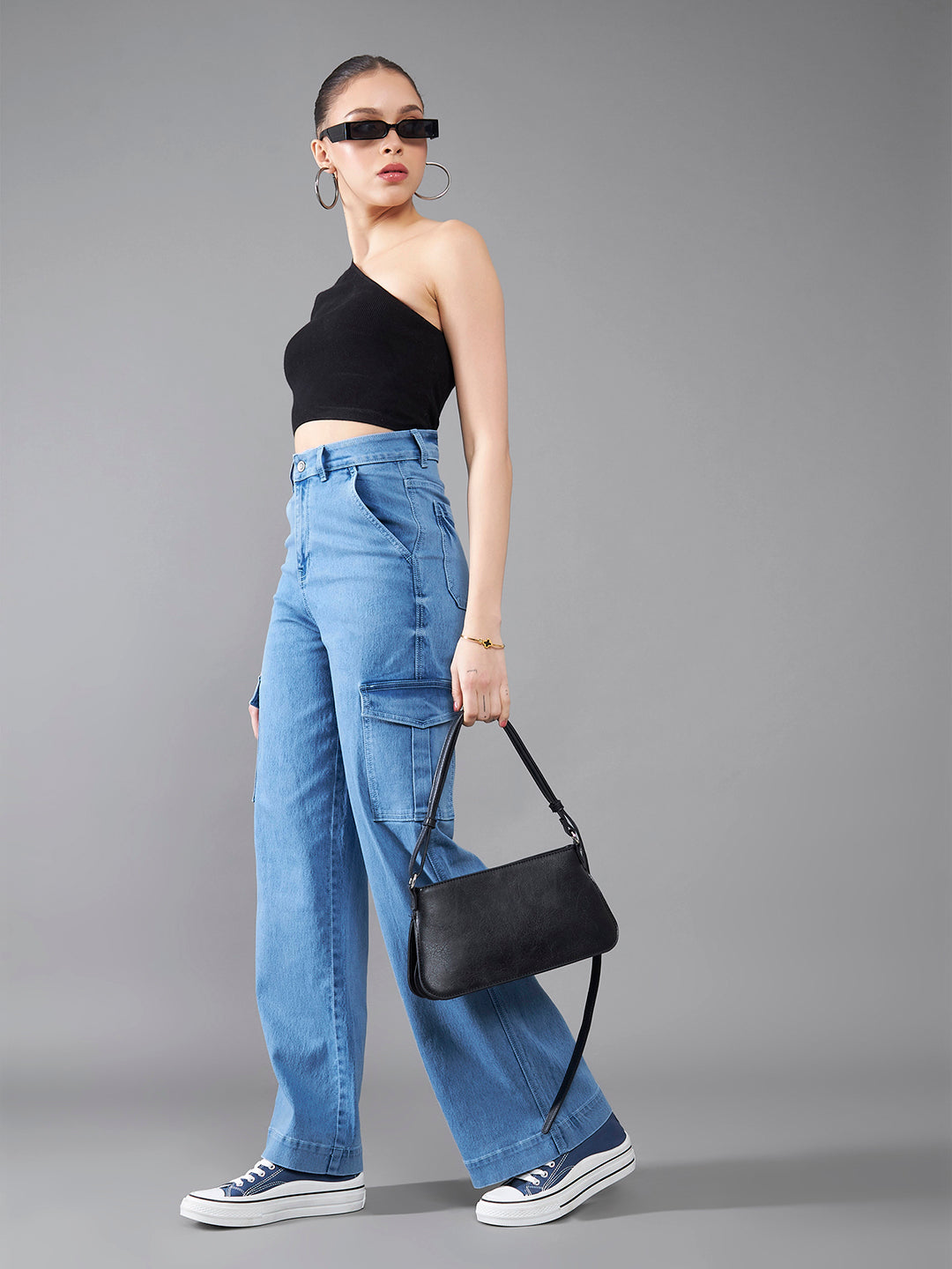 24/7 Comfort Light Blue Wide-Leg High-Rise Stretchable Cargo Denim Jeans