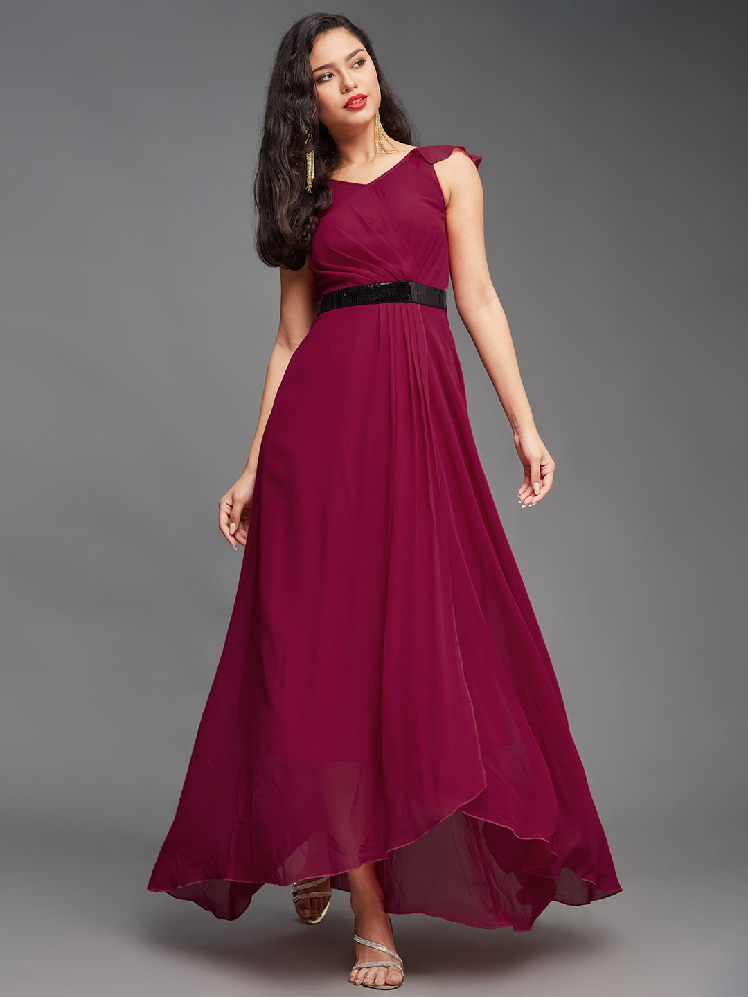 Dark Pink Solid Fit and Flare Maxi Dress Long Dress Frock with Black Sequinned Belt