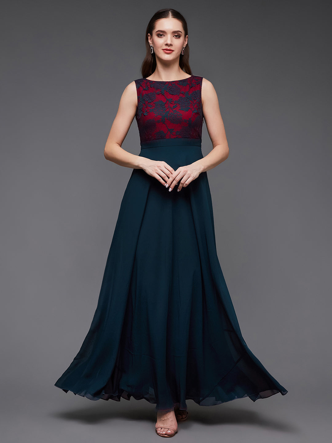 Teal Sleeveless Fit and Flare Lace Dress for Women