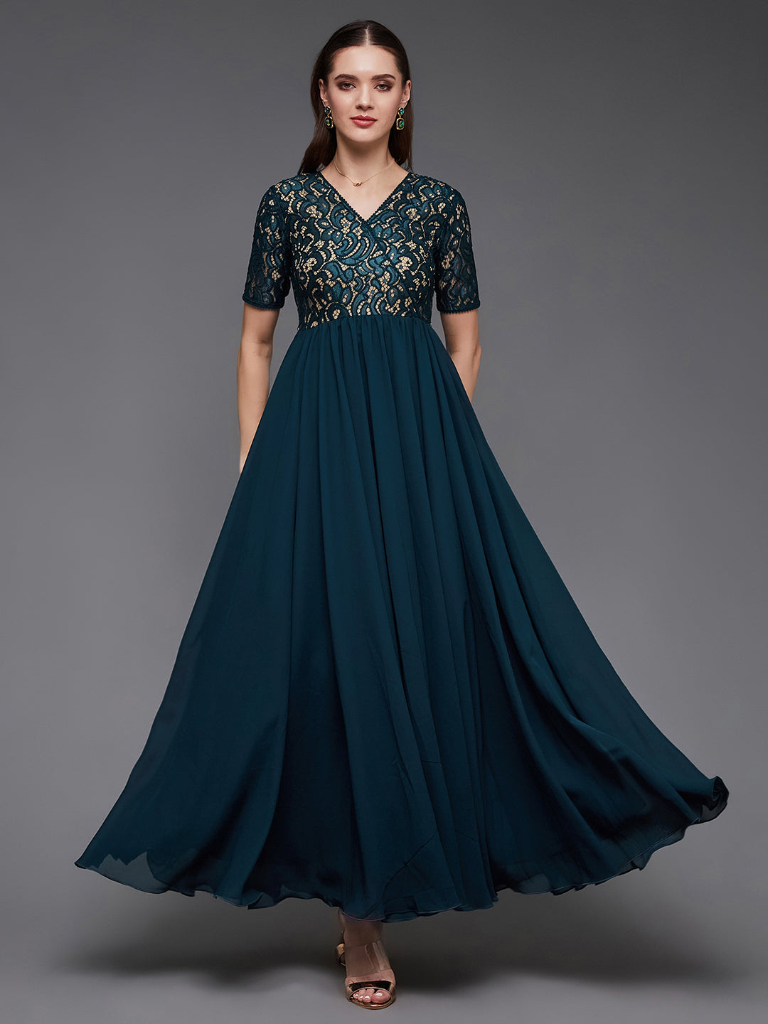 Teal V-Neck Half Sleeve Self Designed Wrap Georgette Maxi Dress for Women