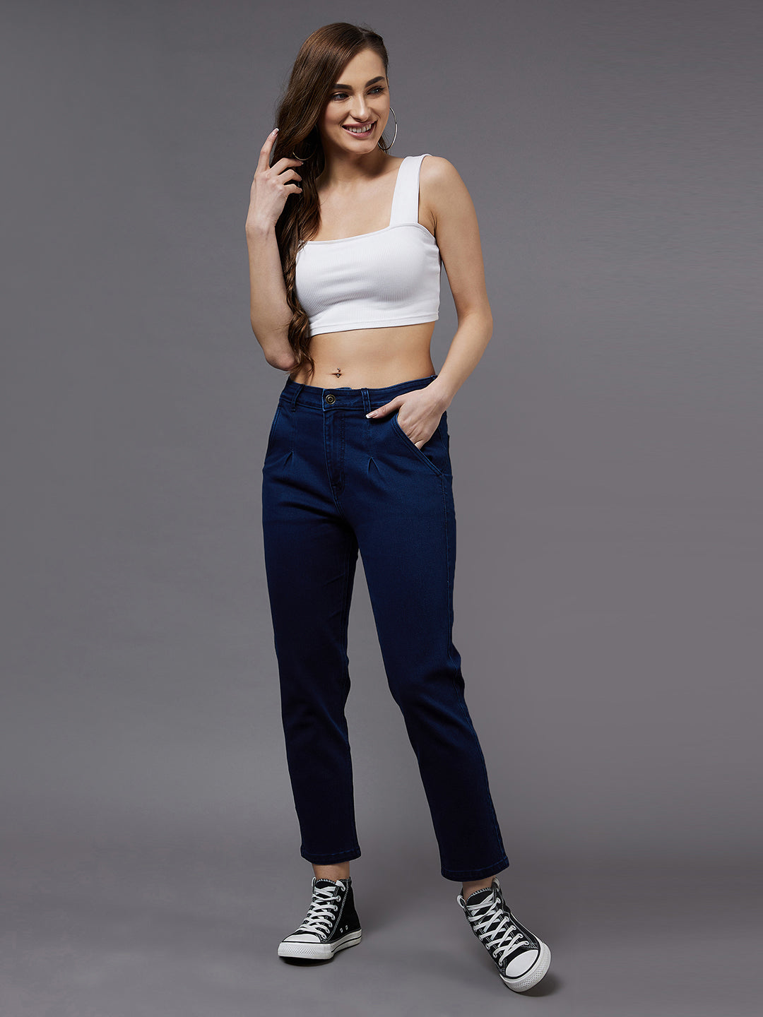 Women's Navy-Blue Tapered Fit High-Rise Stretchable Denim Jeans