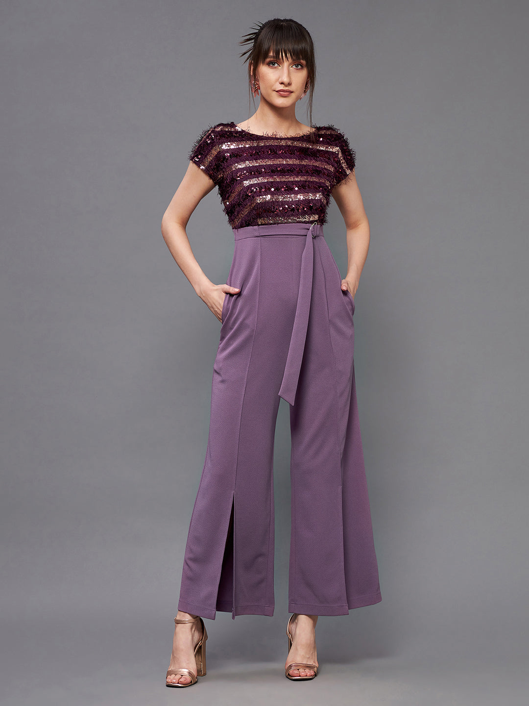 Women's Purple Round Neck Short Sleeve Embellished Front Slit Fringed Regular Jumpsuit
