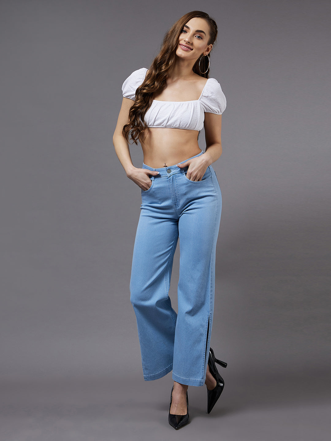24/7 Comfort Light Blue Wide-Leg High-Rise Clean-Look Regular Stretchable Denim Jeans