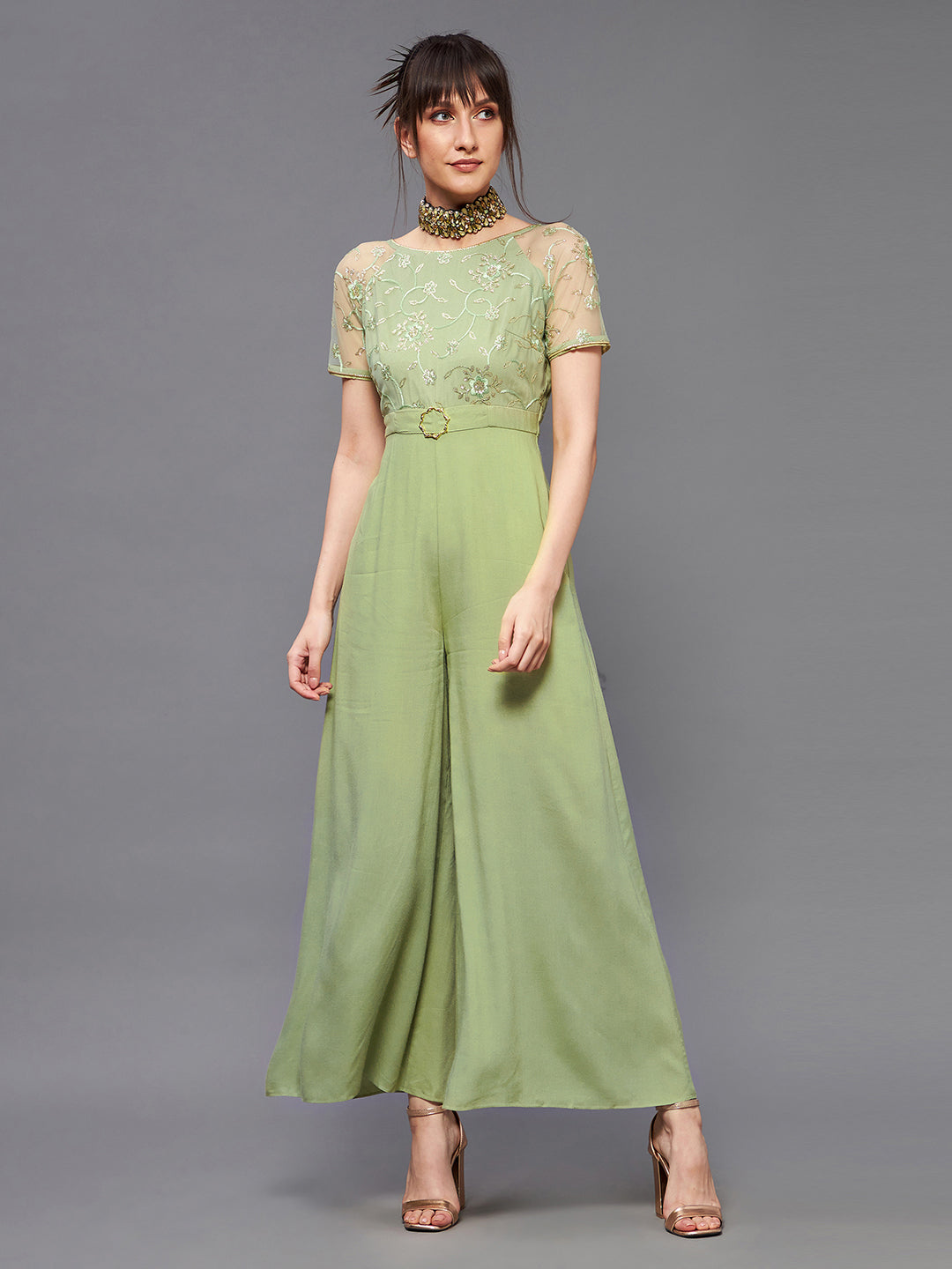 Women's Light Green Round Neck Raglan Viscose Rayon Embroidered Straight Leg Regular Jumpsuit