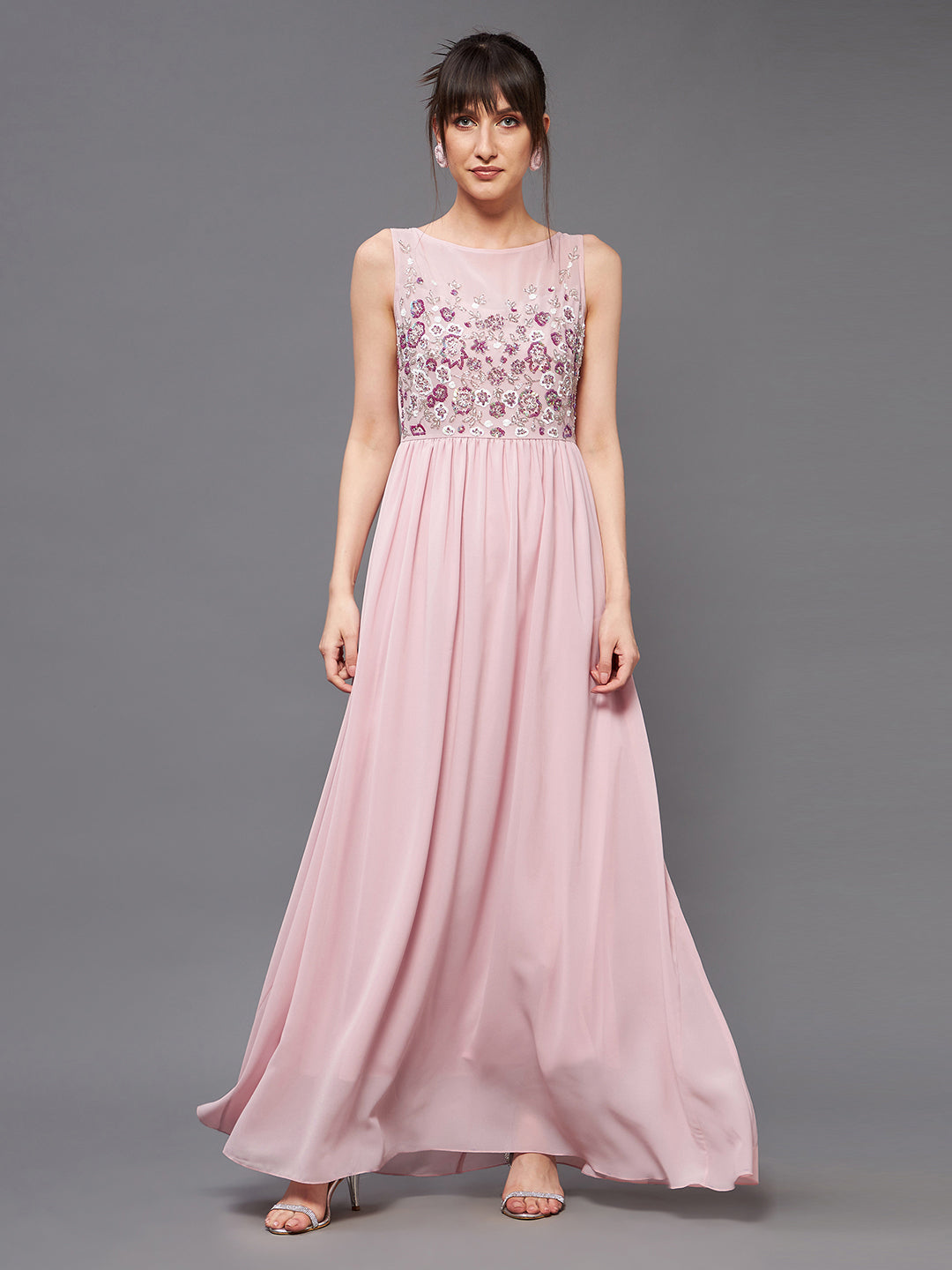 Light Pink Sleeveless Fit and Flare Sequinned Maxi Dress Long Dress Frock for Women