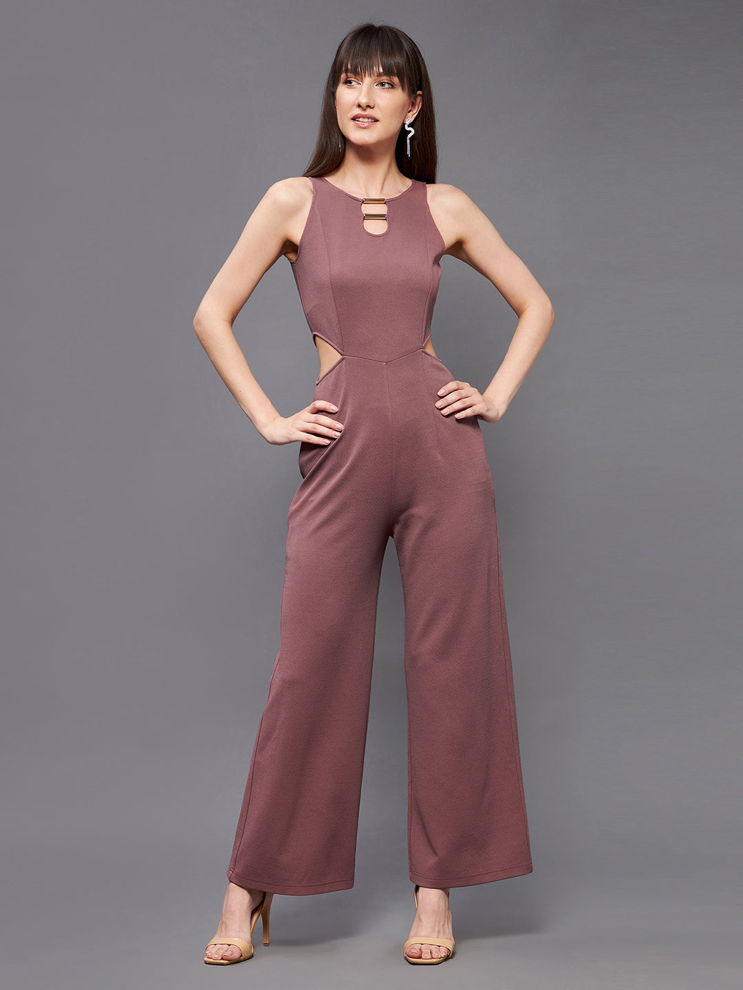 Crease Ease Women's Mauve Round Sleeveless Polyester Solid Waist Cut-Out Regular Jumpsuit