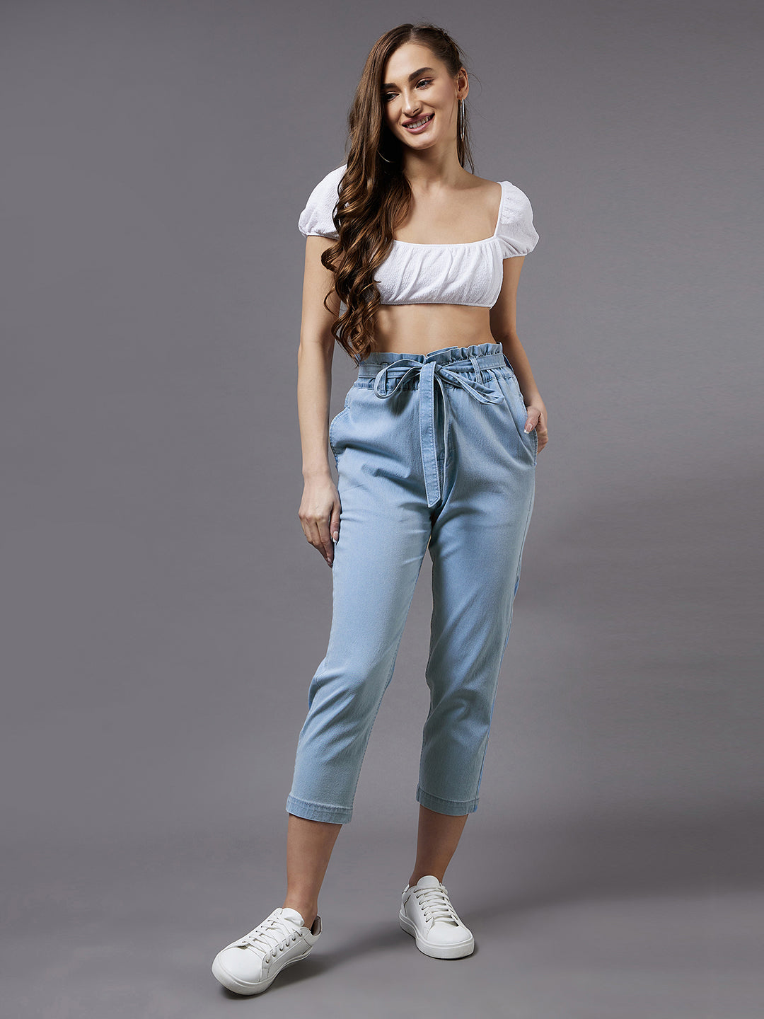 24/7 Comfort Light Blue Paper bag High-Rise Clean-Look Regular Stretchable Denim Jeans