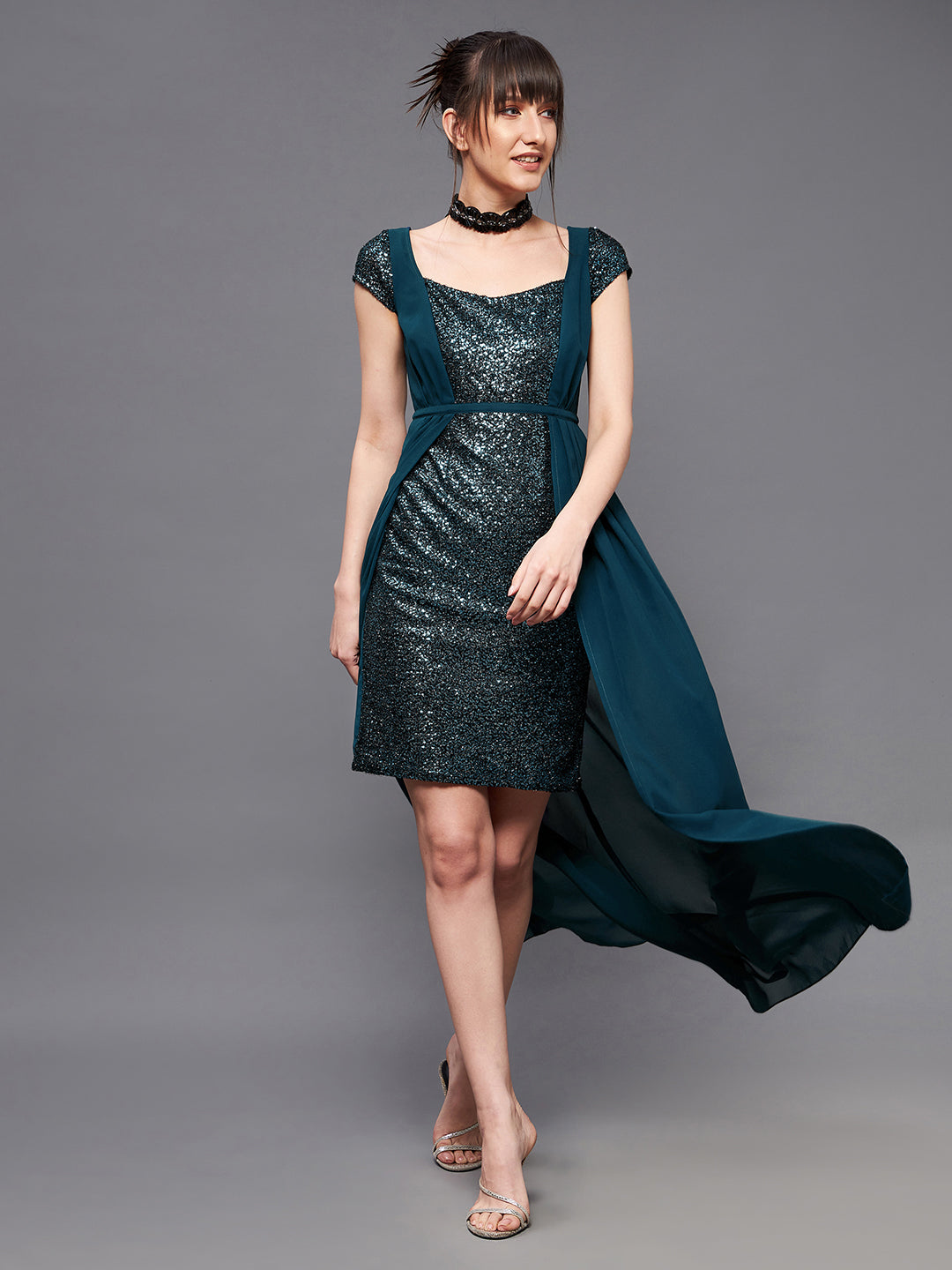 Teal Cap Sleeves Sequinned Maxi Dress Gown Frock with Cape for Women | Ladies' Cocktail Hour Edit