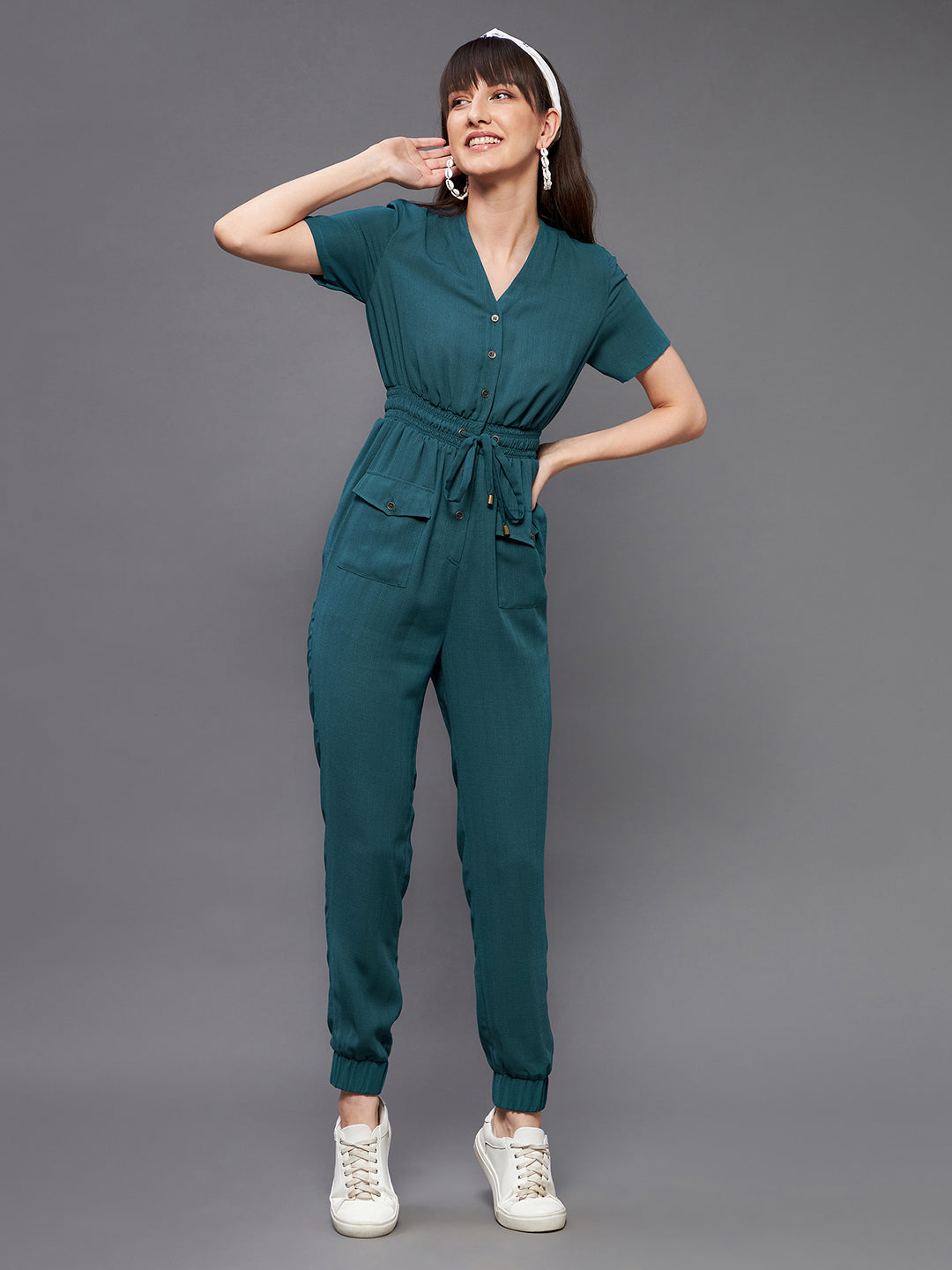Women's Dusty Turquoise V-Neck Short Sleeve Solid Straight Leg Polyester Regular Jumpsuit