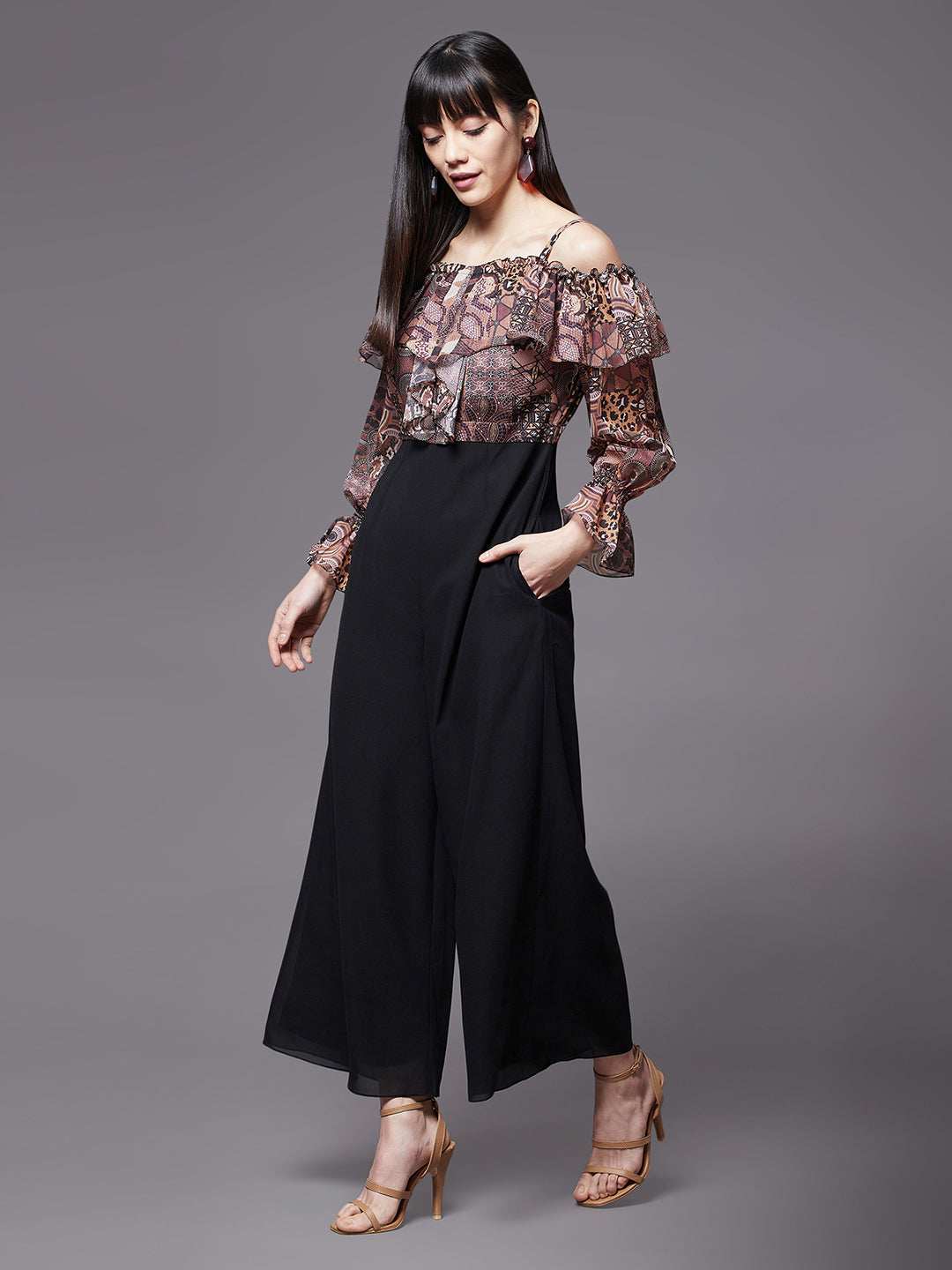 Women's Multicolored-Base-Black Off-Shoulder Ruffled Sleeve Animal Print Frilled Regular Jumpsuit