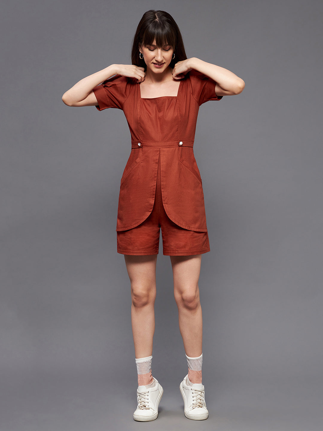 Women's Rust Square Neck Pleated Cotton Solid Flap Pockets Short Playsuit