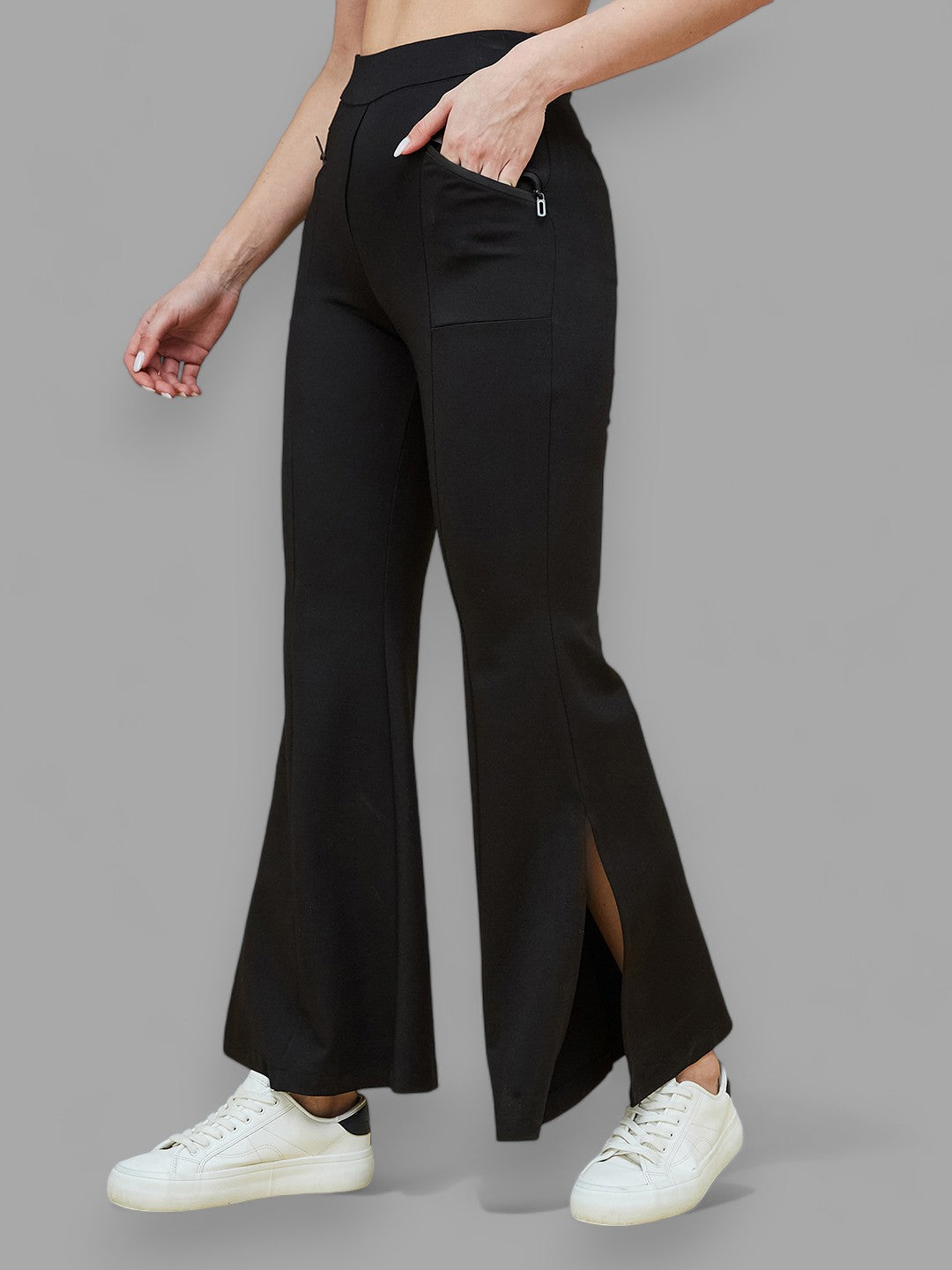 Women's Black Viscose Solid Side Slit Bootcut Regular Trousers