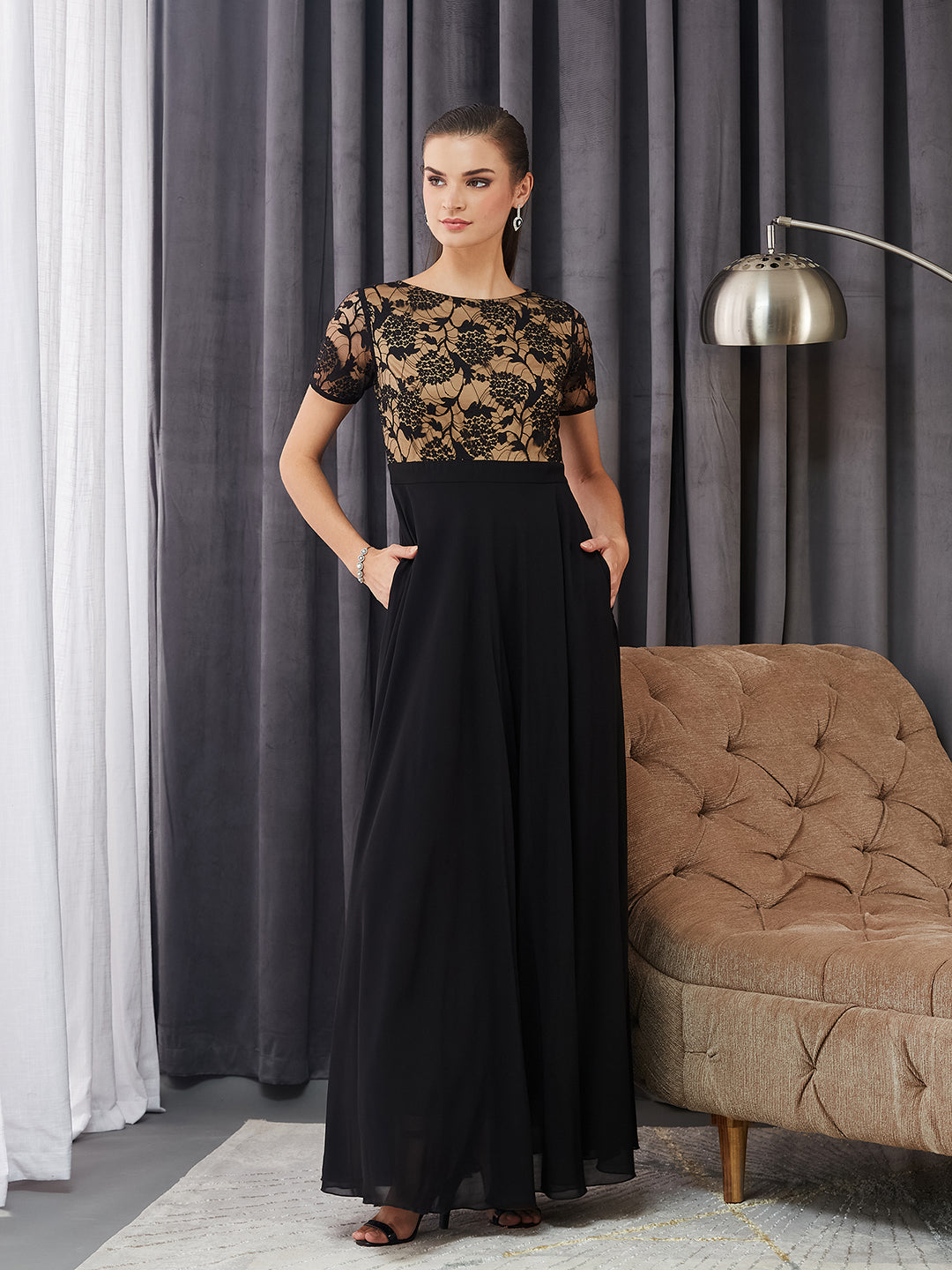 Women's Black Round Neck Half Sleeve Self Design Fit & Flare Georgette Maxi Dress