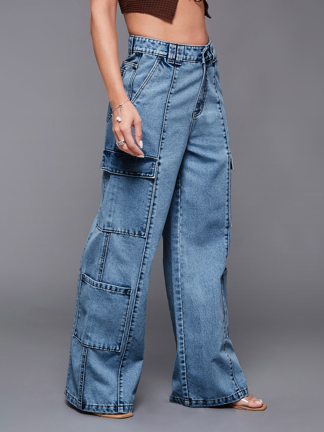 Women's Light Blue Wide-Leg High-Rise Cargo Denim Jeans