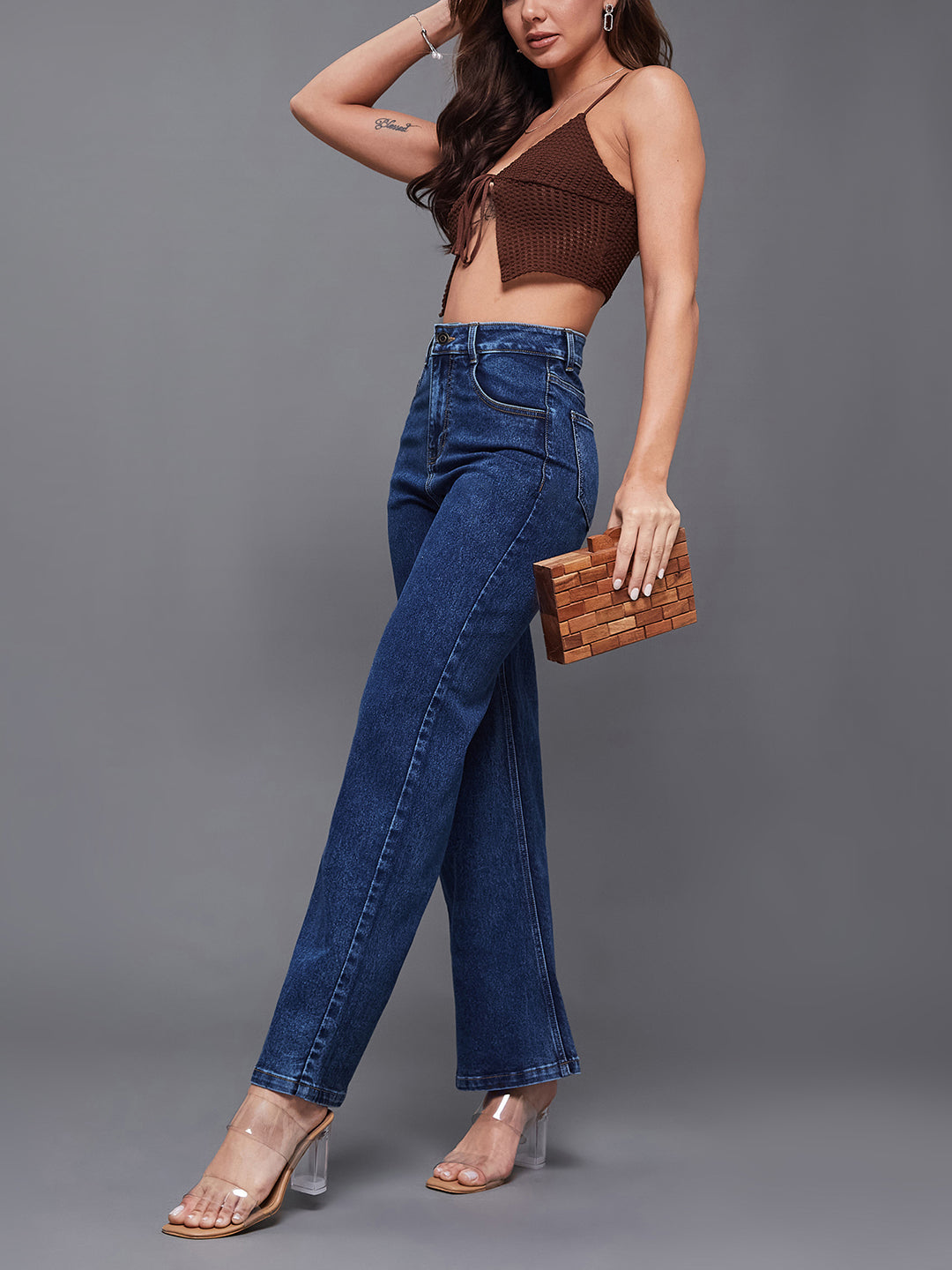 24/7 Comfort Mid-Blue Wide-Leg High-Rise Clean-Look Regular-Length Stretchable Denim Jeans