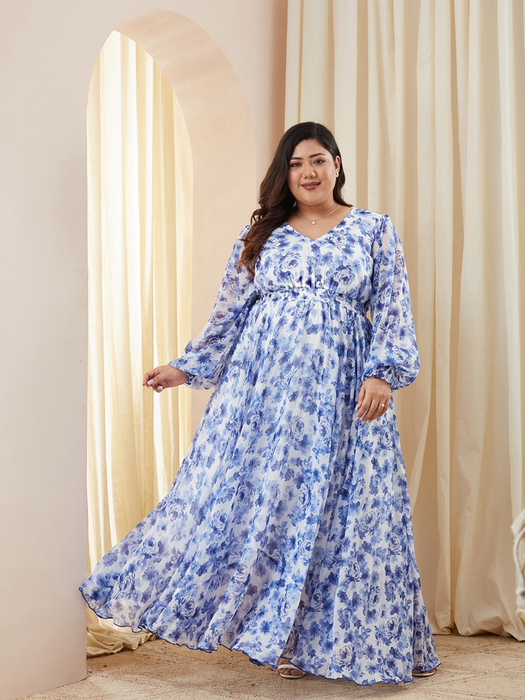 Multicolored Base White V-Neck Full Sleeve Floral Gathered Chiffon Maxi Dress for Women