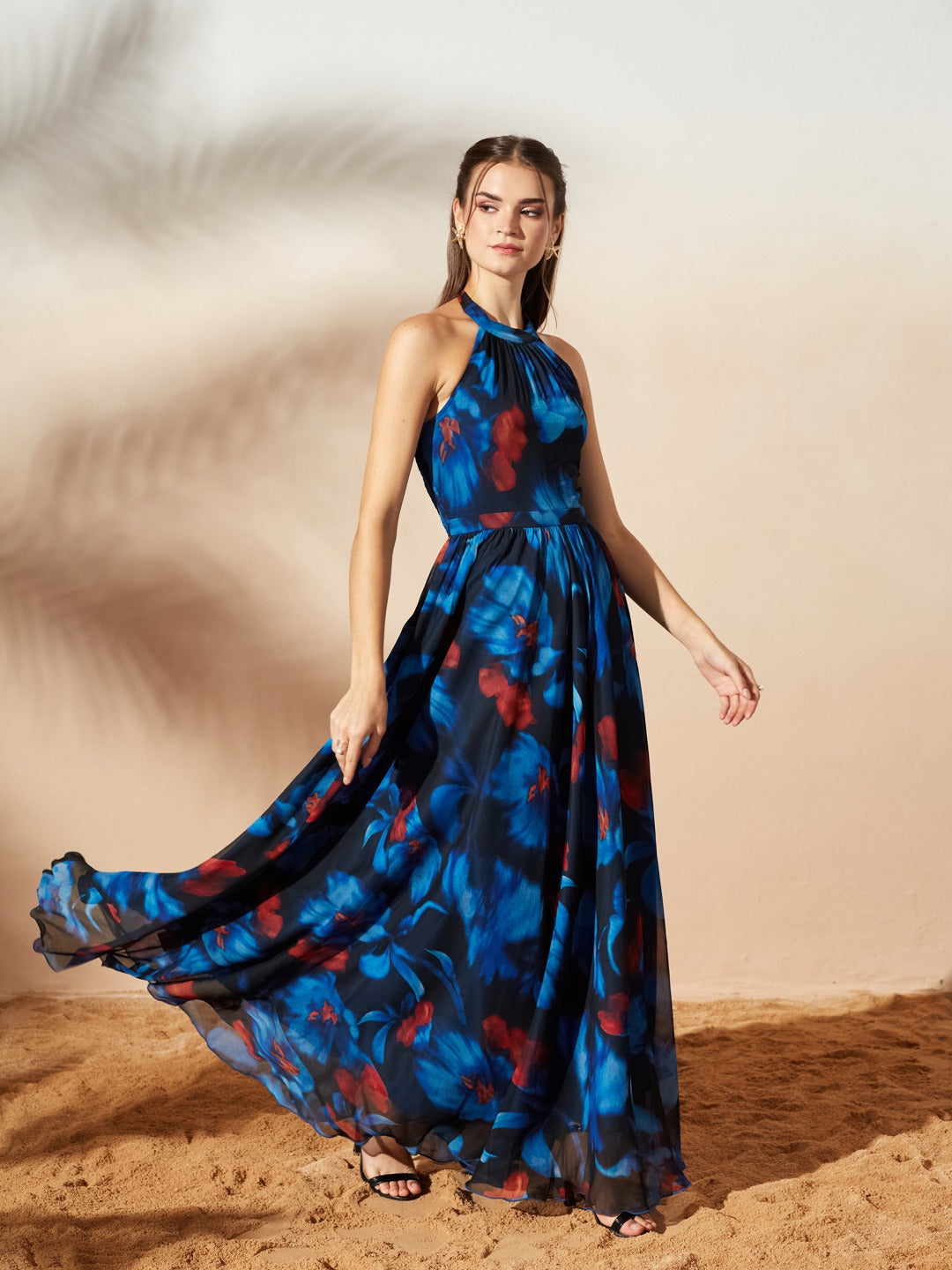 Navy Blue Halter Neck Printed Maxi Dress for Women