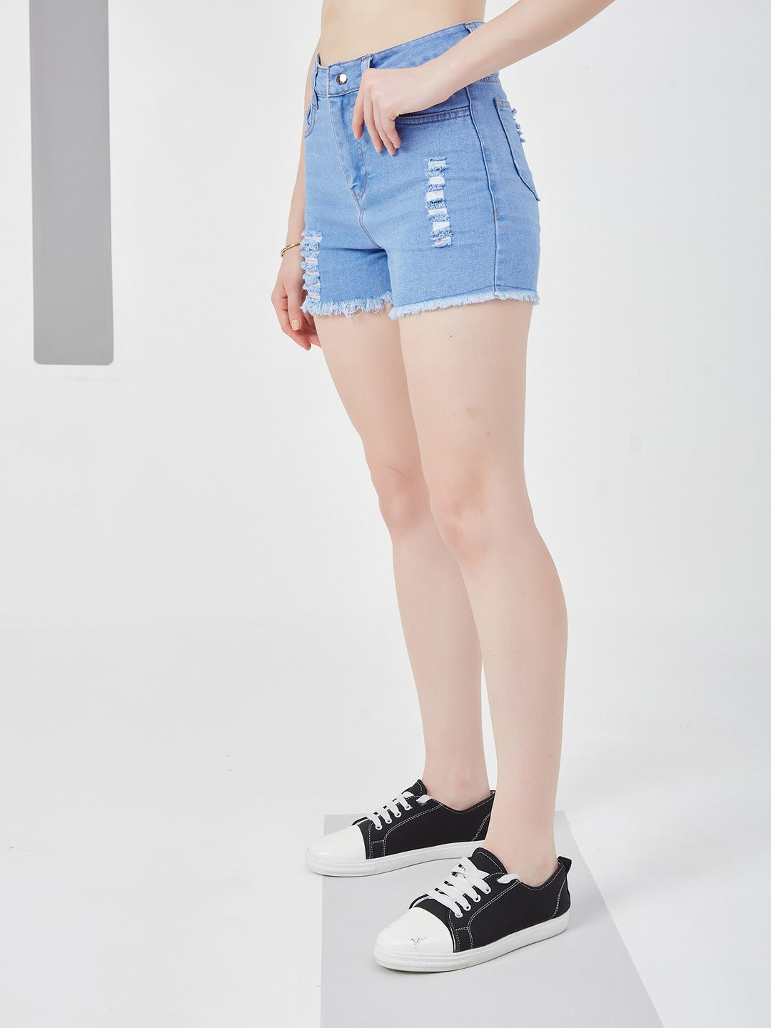 Blue Relaxed Mid Rise High Distress Regular Non Stretchable Denim Shorts for Women