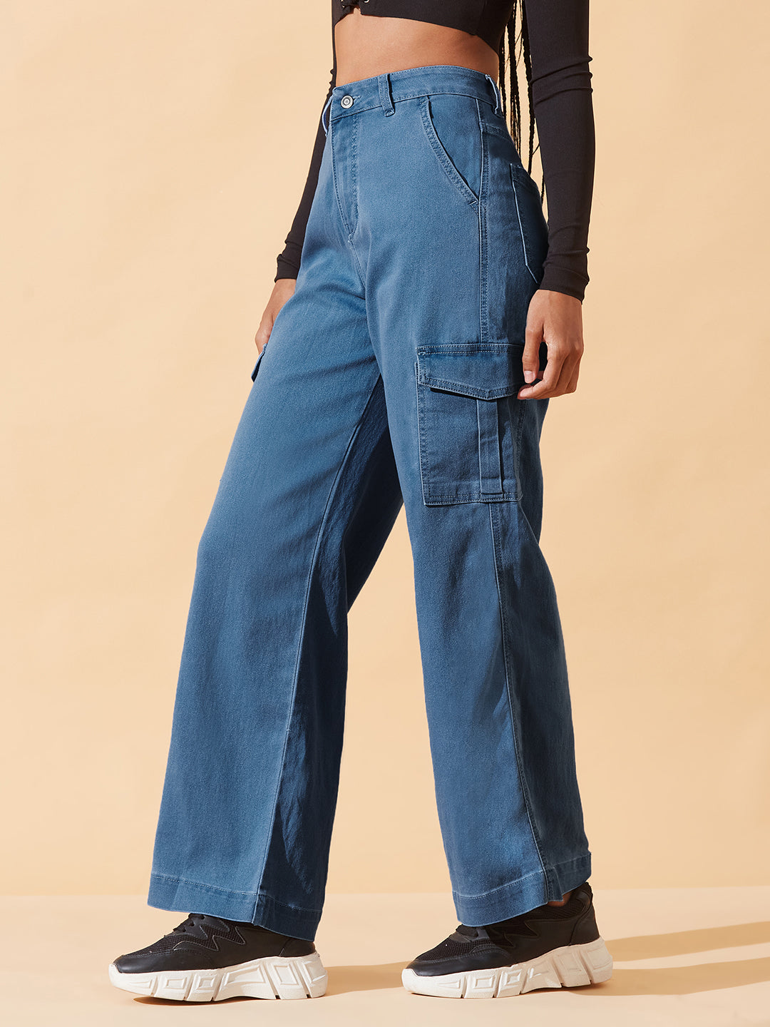 Blue Wide-Leg High-Rise Regular Stretchable Denim Jeans for Women