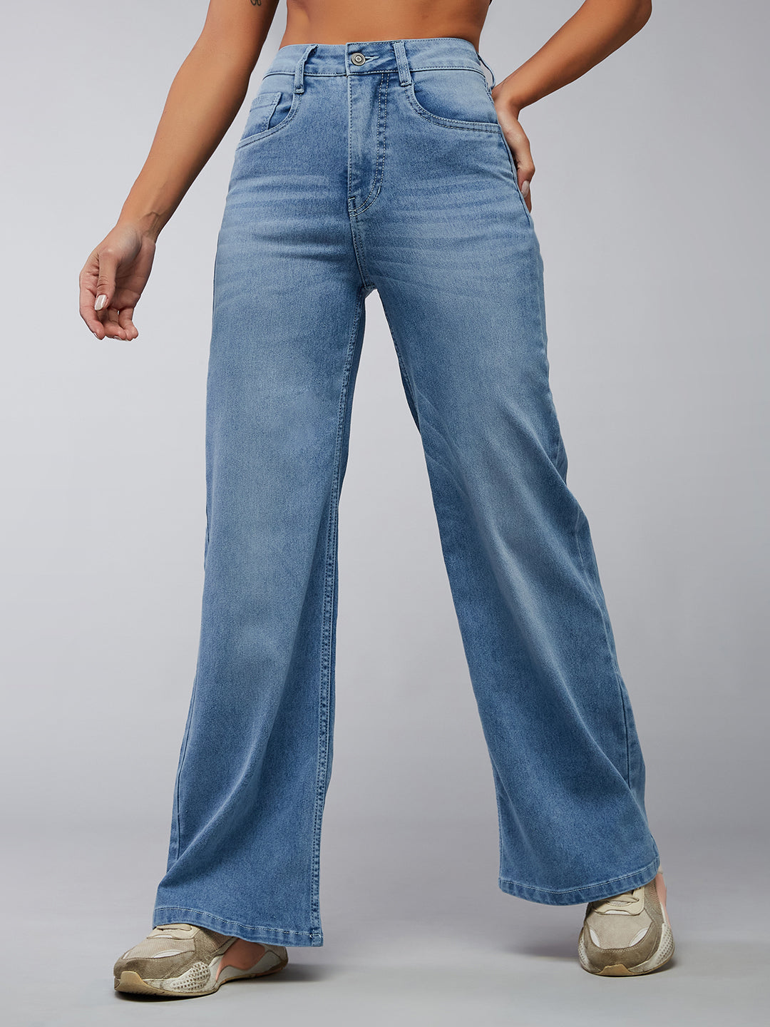 Women's Light Blue Wide-Leg High-Rise Clean-Look Regular-Length Stretchable Denim Jeans