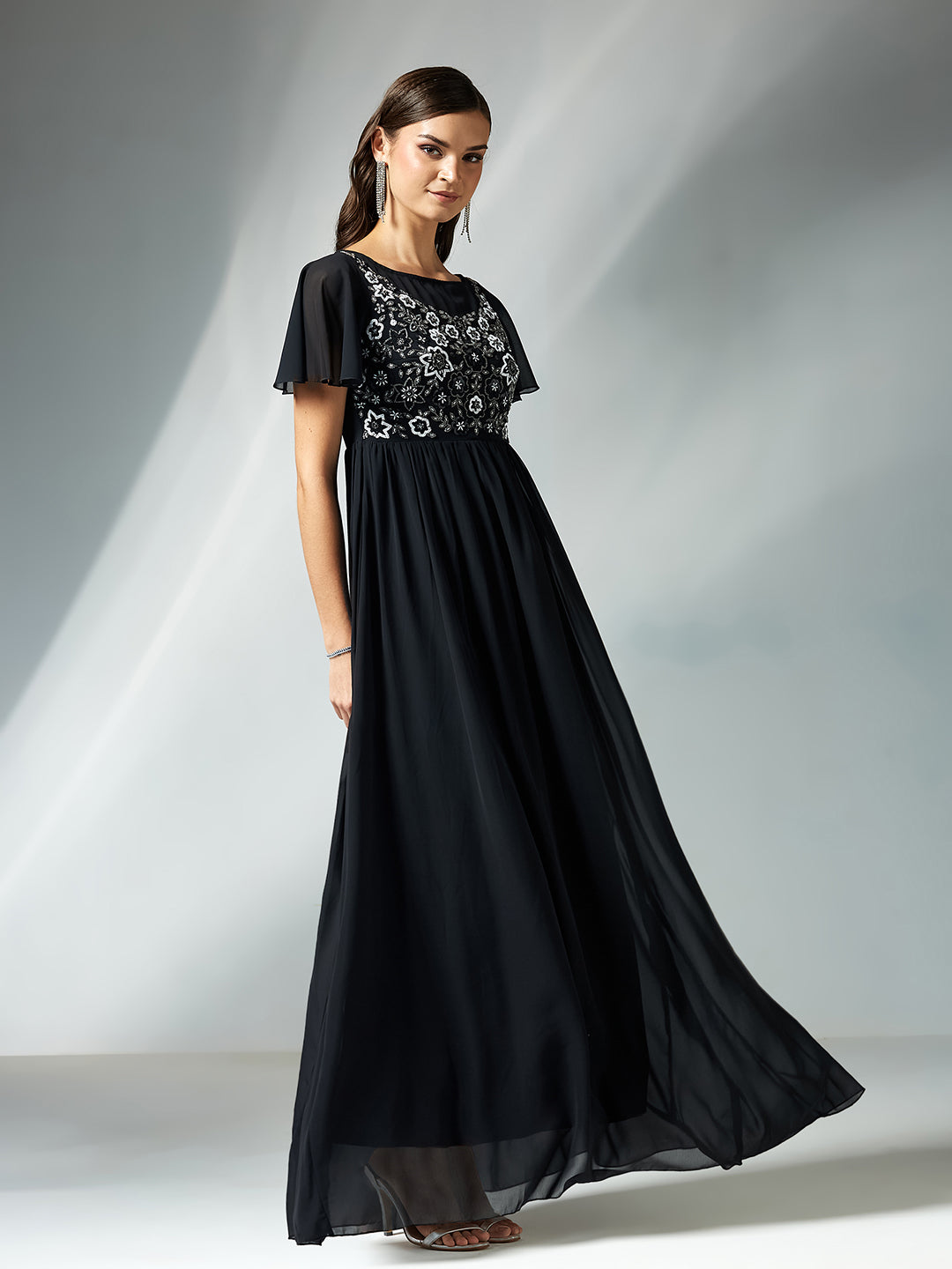 Women's Black Embellished Gathered Maxi Dress