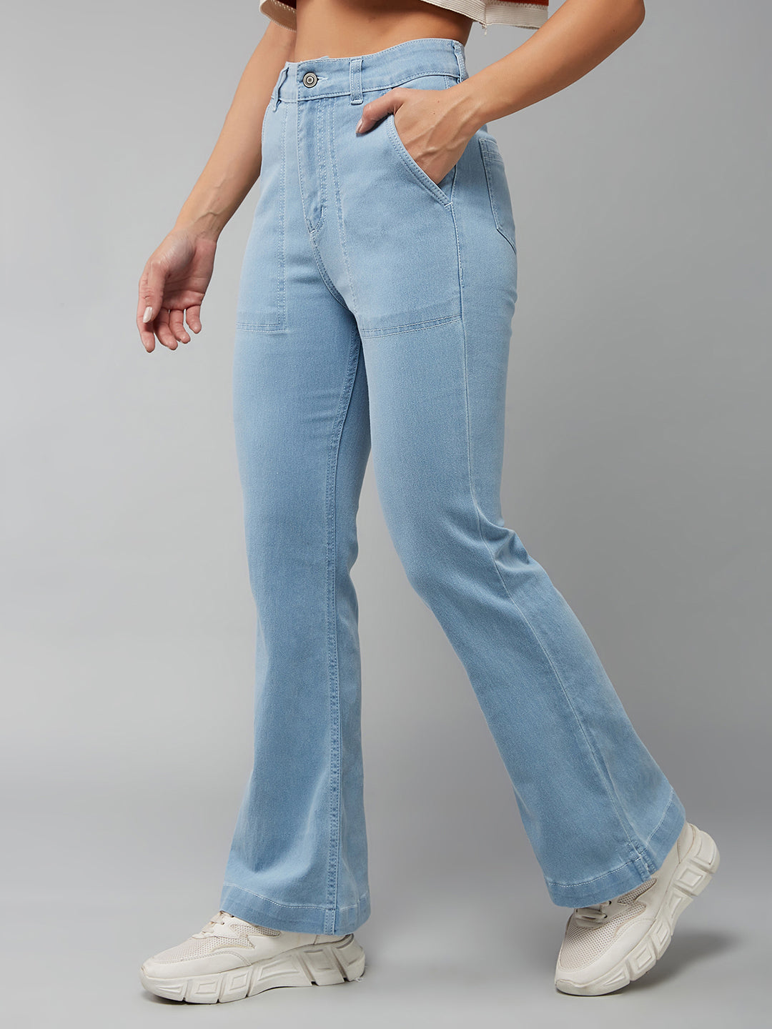 24/7 Comfort Light Blue Bell-Bottom Bootcut High-Rise Stretchable Light Weight Denim Jeans