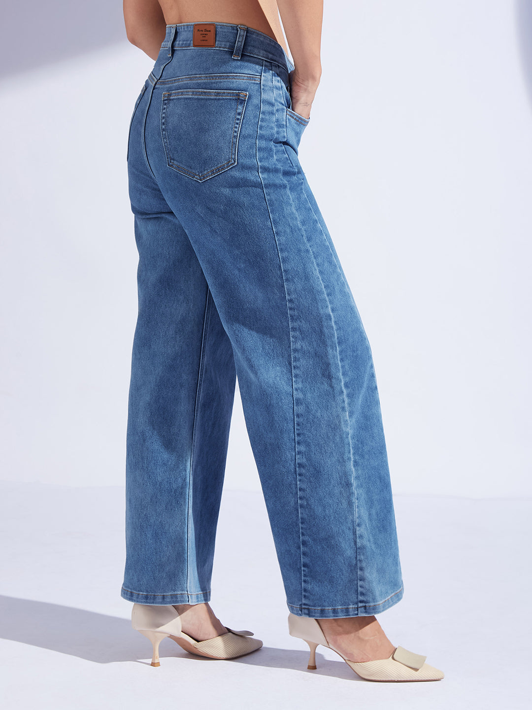 Women's Mid Blue Wide Leg High Rise Curved Panel Clean Look Stretchable Denim Jeans