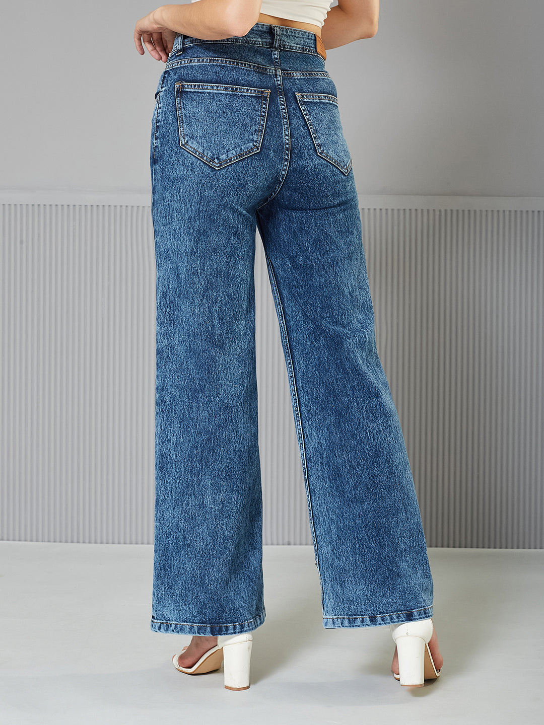 Mid-Blue Wide-Leg High-Rise Regular Stretchable Denim Jeans for Women — Miss Chase