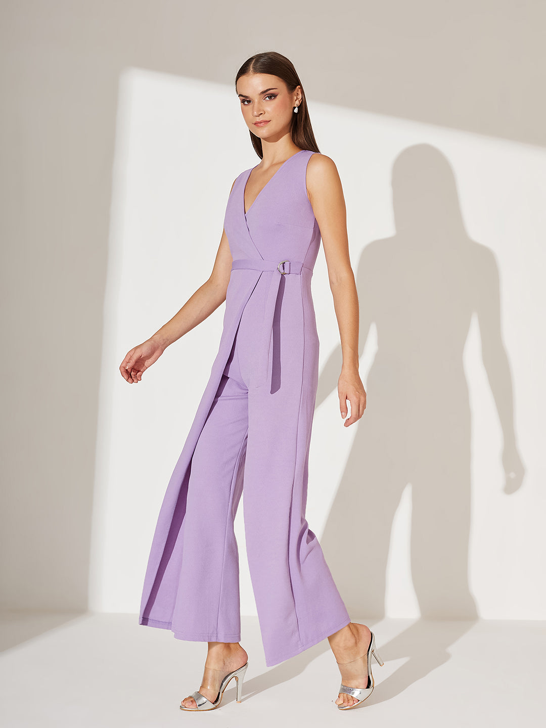 Light Lavender V-Neck Sleeveless Solid Wrap Regular Length Jumpsuit for Women