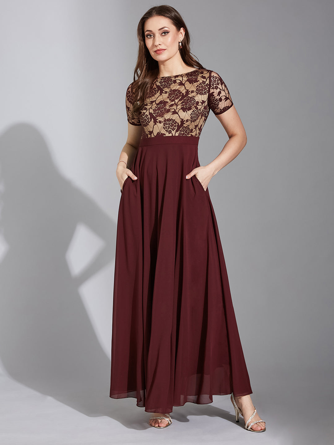 Wine Short Sleeves Lace Fit and Flare Maxi Dress Long Dress Frock for Women