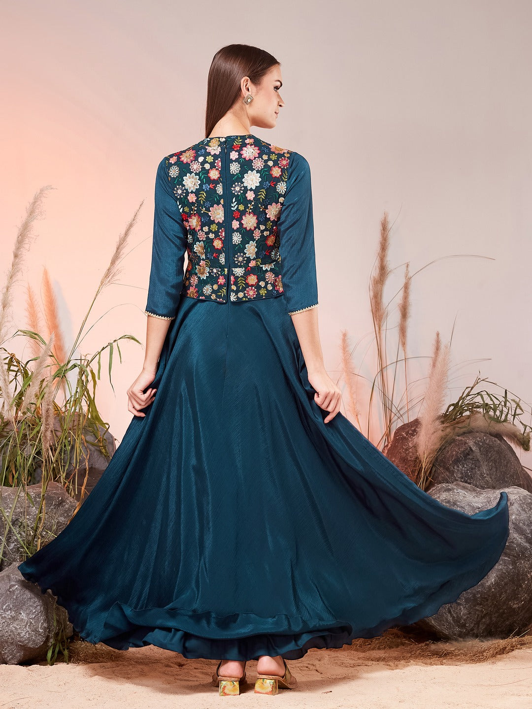 Teal Mandarin Collar Tapered Square Neck 3/4 Sleeve Embellished Jacket Style Maxi Chiffon Ethnic Dress for Women