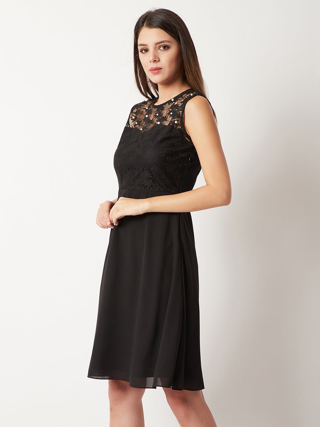 Women's Black Round Neck Sleeveless Solid Paneled Lace And Pearl Detailing Knee Length Skater Dress