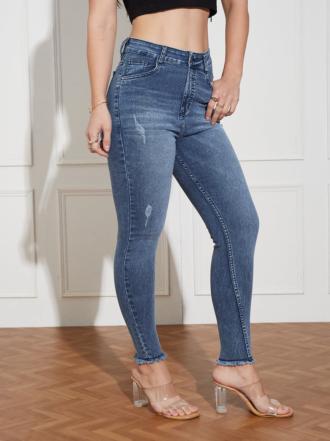Women's Mid Blue High Rise Mildly-Distressed Cropped Stretchable Denim Skinny Jeans