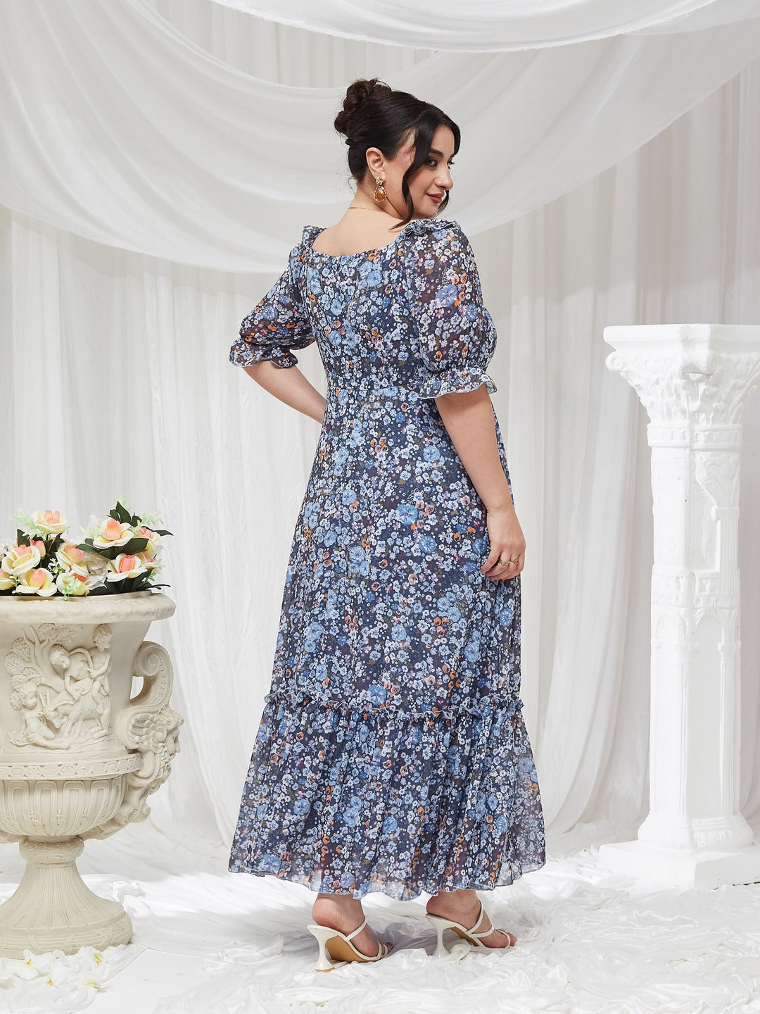 Navy Blue V-Neck Puff Sleeve Floral Ruching Ankle-Length Dress for Women — Miss Chase A+