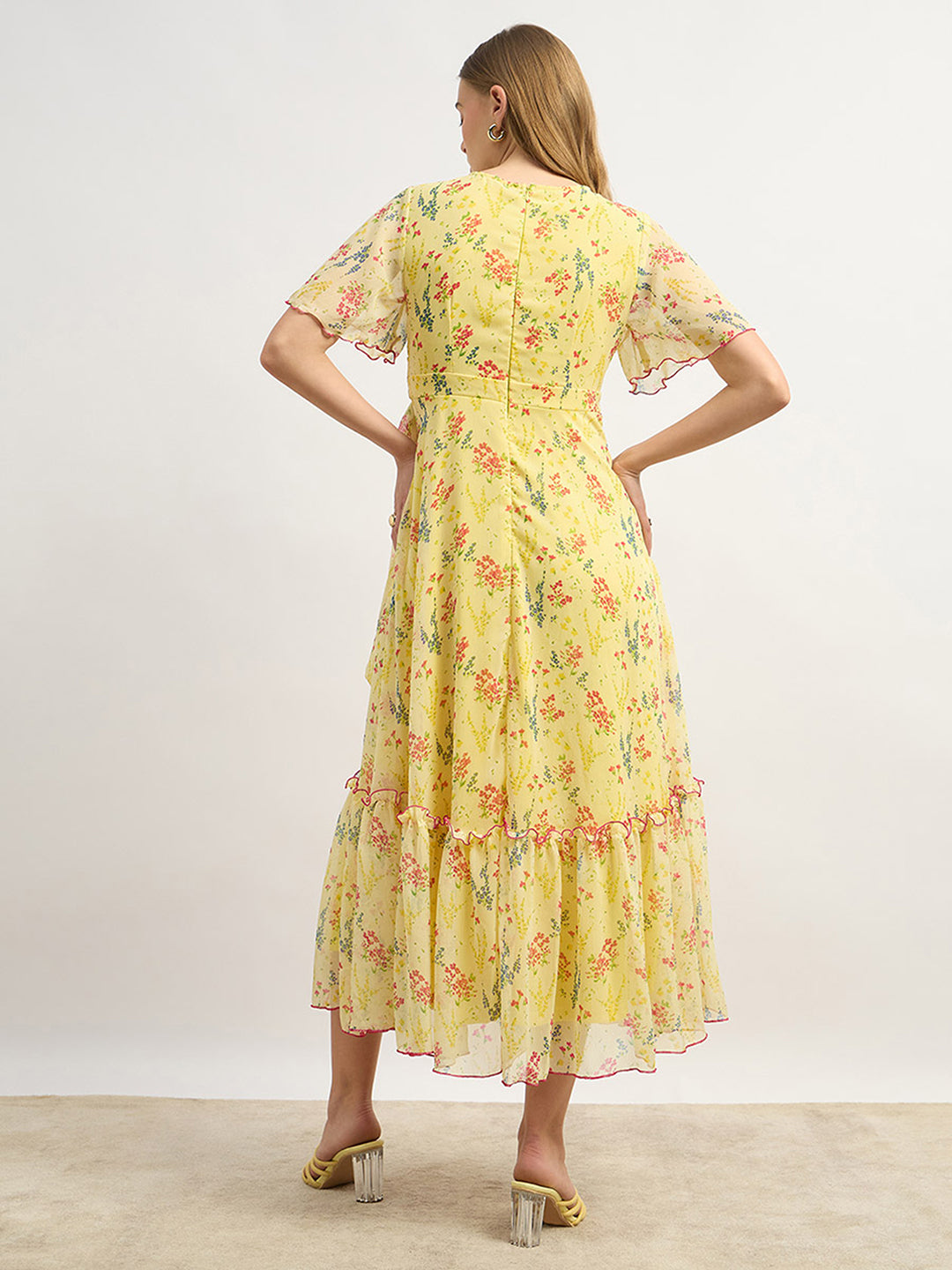 Women's Multicolored-Base-Yellow V Neck Flared Sleeve Floral Wrap Maxi Dress