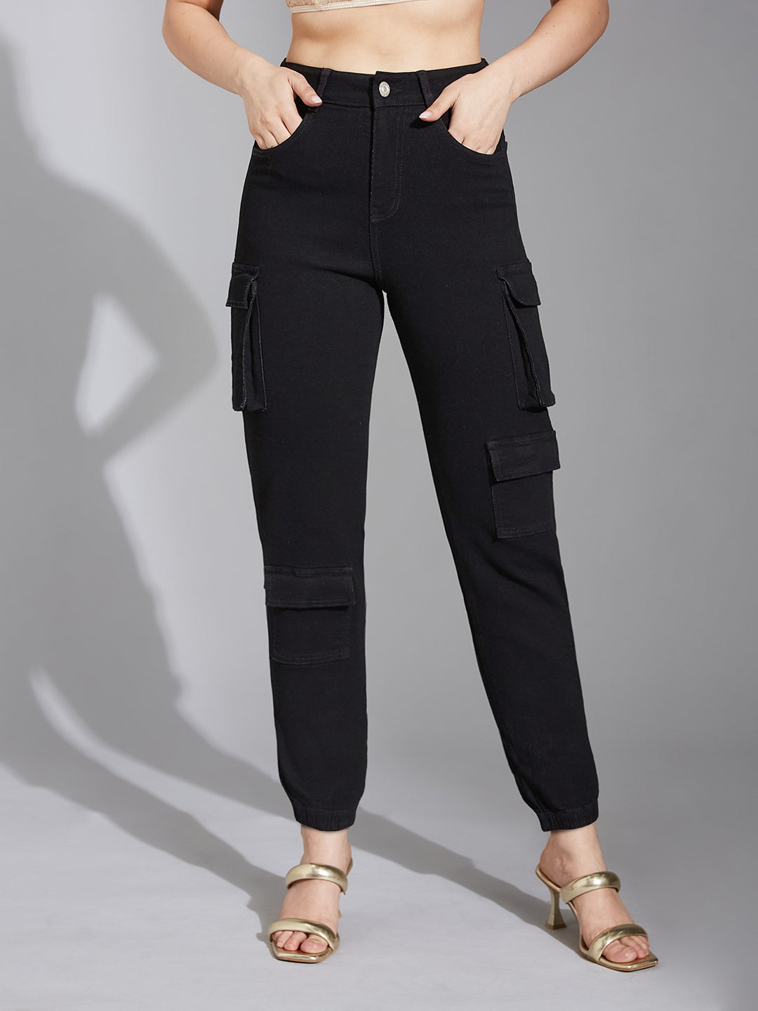 Black Regular High-Rise Regular Stretchable Denim Joggers for Women — Miss Chase