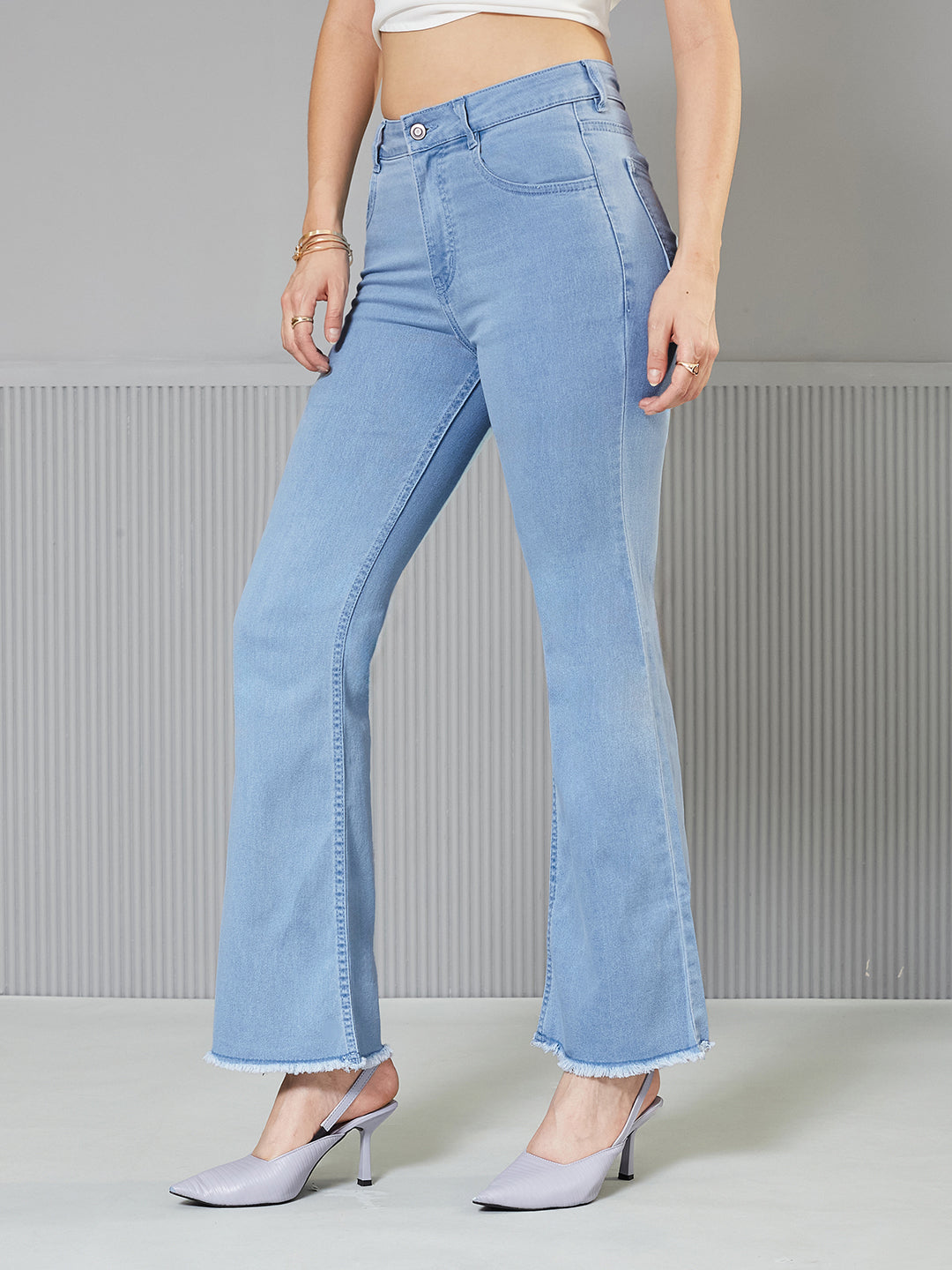 Light-Blue Boot Cut High-Rise Cropped Stretchable Denim Jeans for Women