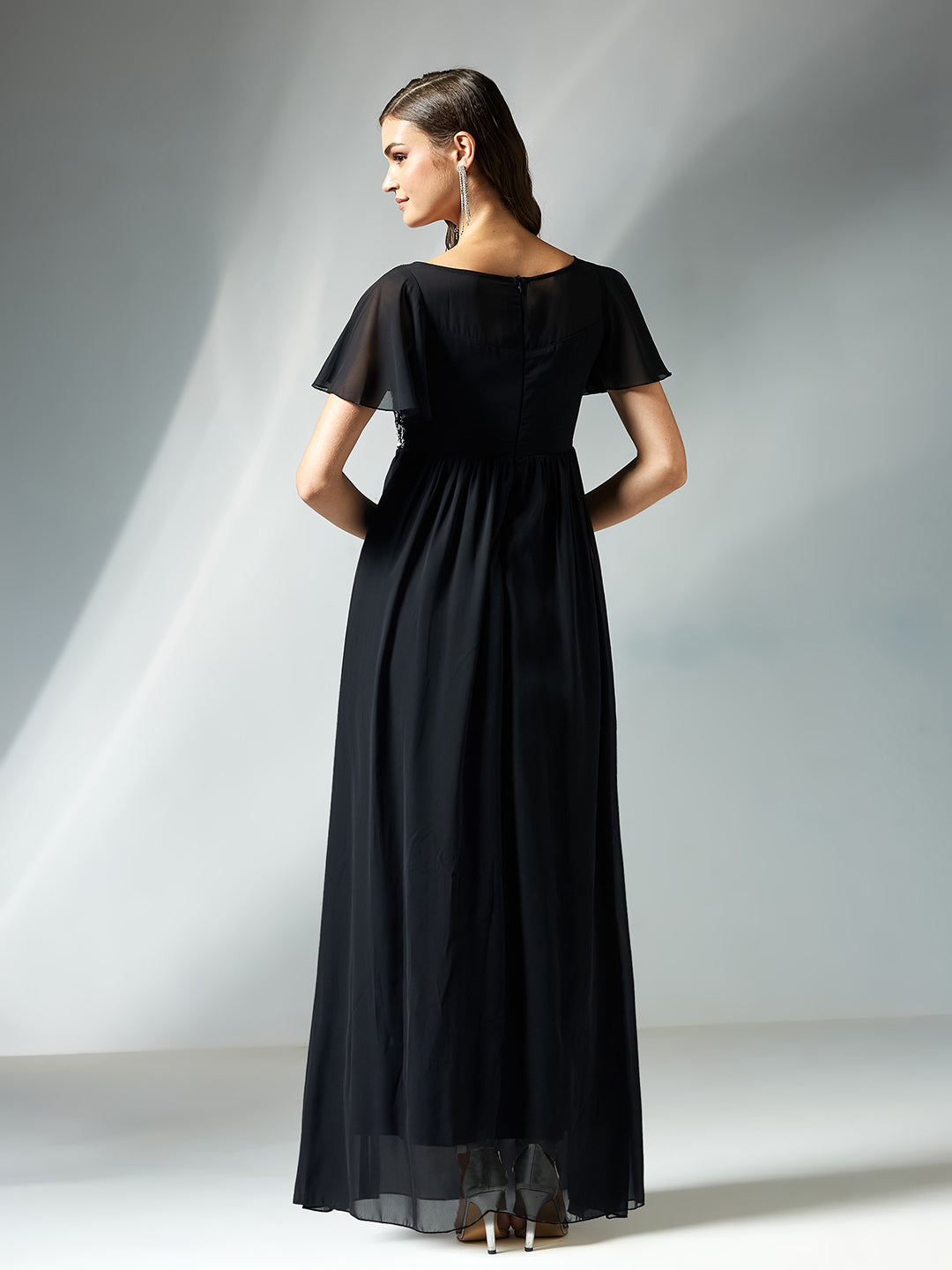Women's Black Embellished Gathered Maxi Dress